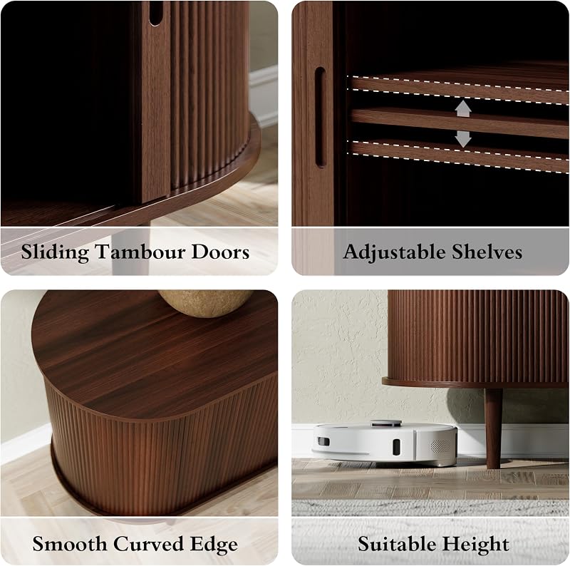 DHH 86.6" Fluted TV Stand with Power Outlet for TVs up to 90", TV Console with Adjustable Shelves and Sliding Door,Mid Century Modern Entertainment Center for Living Room,Bedroom (Walnut) image 6