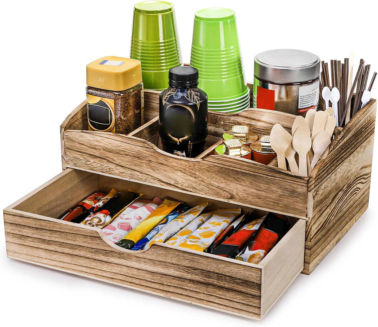 Lawei Coffee Station Organizer for Counter with Drawer, Wood Coffee Pod Holder Storage Basket, Tea Bag Condiment Storage, Rustic Coffee Bar Accessories Condiment Organizer for Coffee Bar Decor