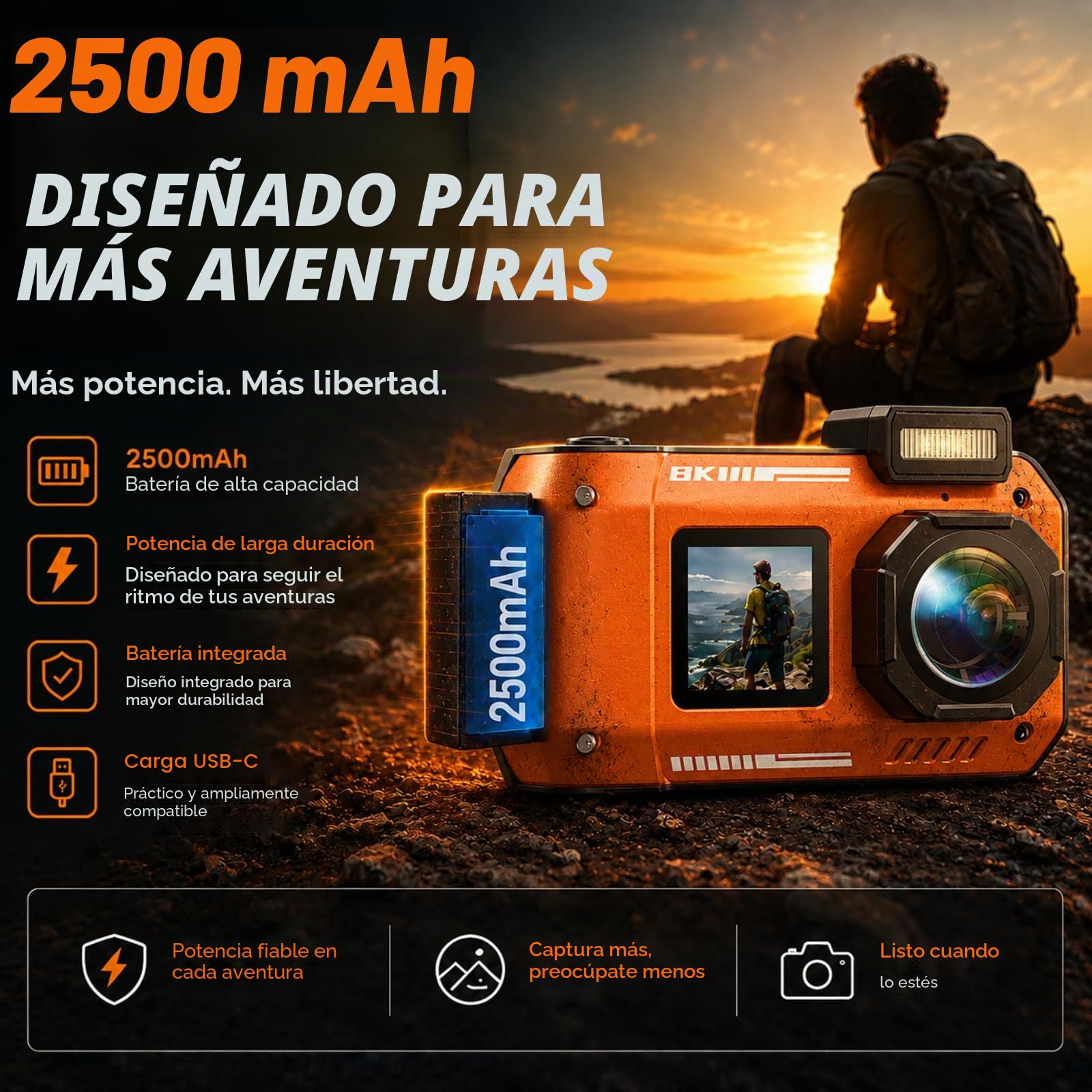 MaxMango D50 33FT Cámara Digital Impermeable, 8K 70MP Cámara Acuática con 16 GB, Cámara de Fotos con 2.88" Doble Pantalla 18x, Resistente al Polvo y a los Golpes, Autofocus - Naranja