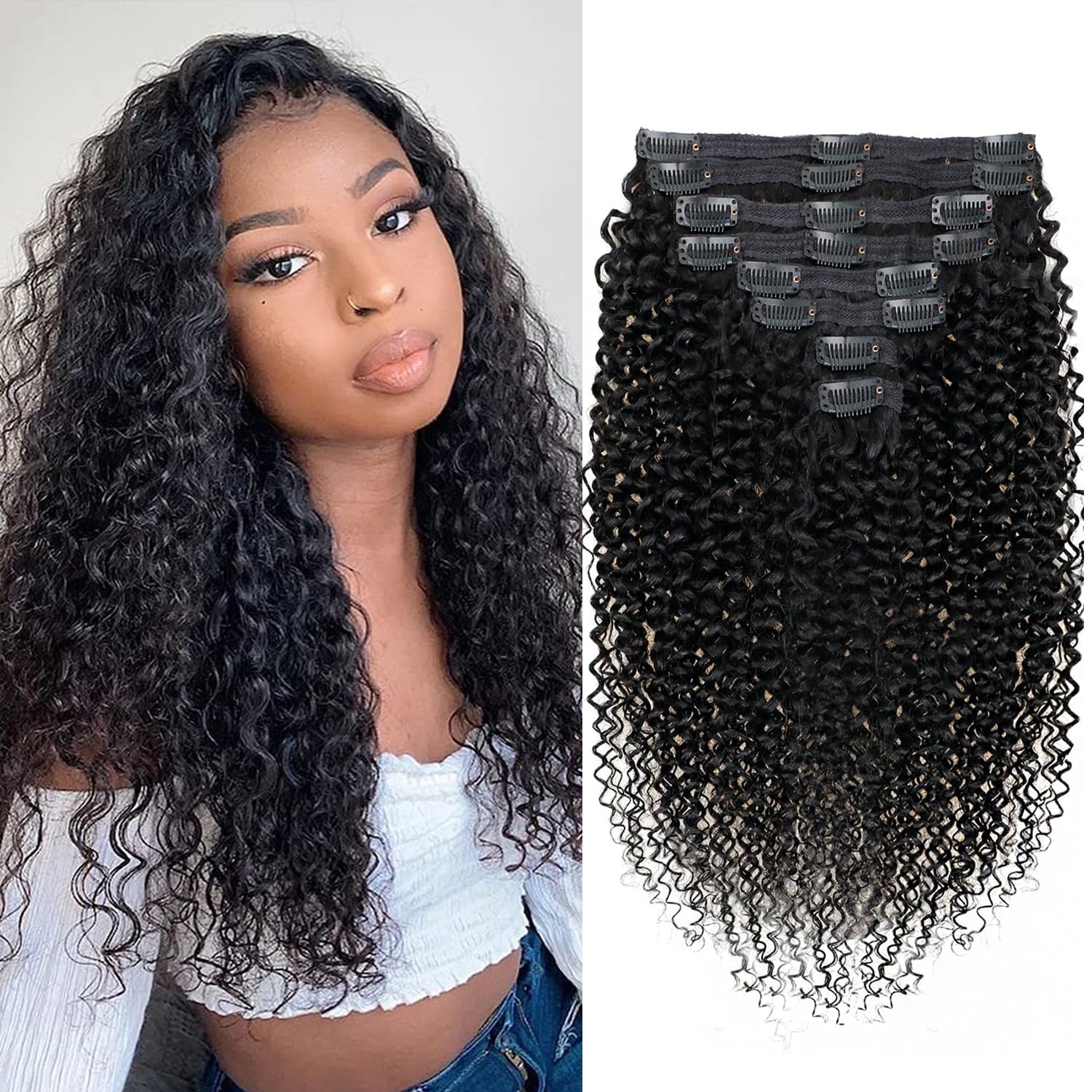 3C 4A Kinky Curly Clip in Hair Extensions Human Hair for Black Women - 8Pcs 18Clips Double Weft Brazilian Remy Human Hair Thick to Ends 120G/4.2oz Natural Black (22 inch)
