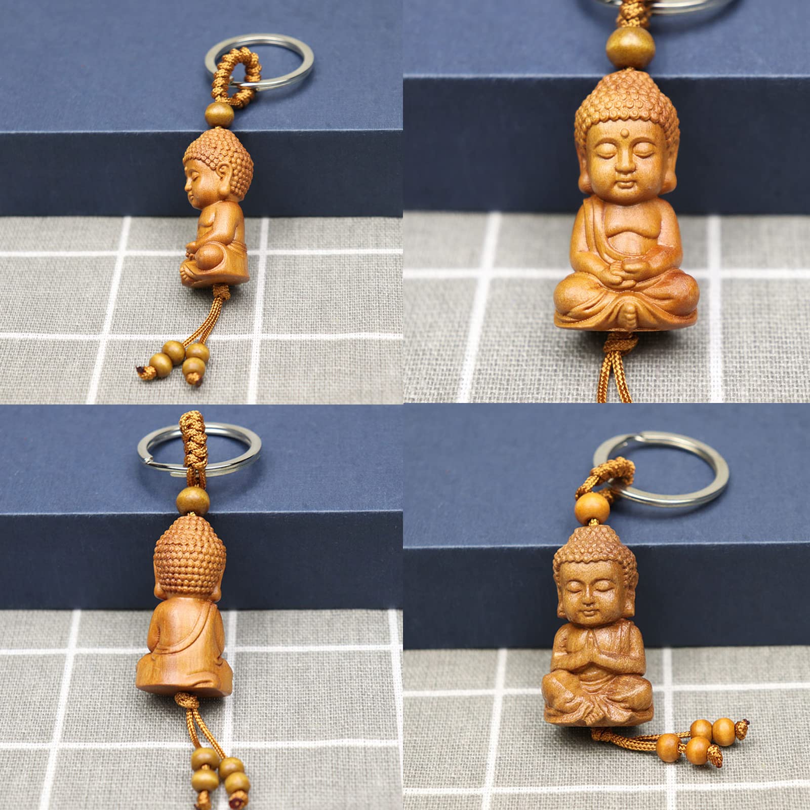 behone 2 pezzi portachiavi Buddha in legno buddismo portachiavi mini buddha portafortuna, adatto per il regalo portafortuna, ciondolo auto fai da te