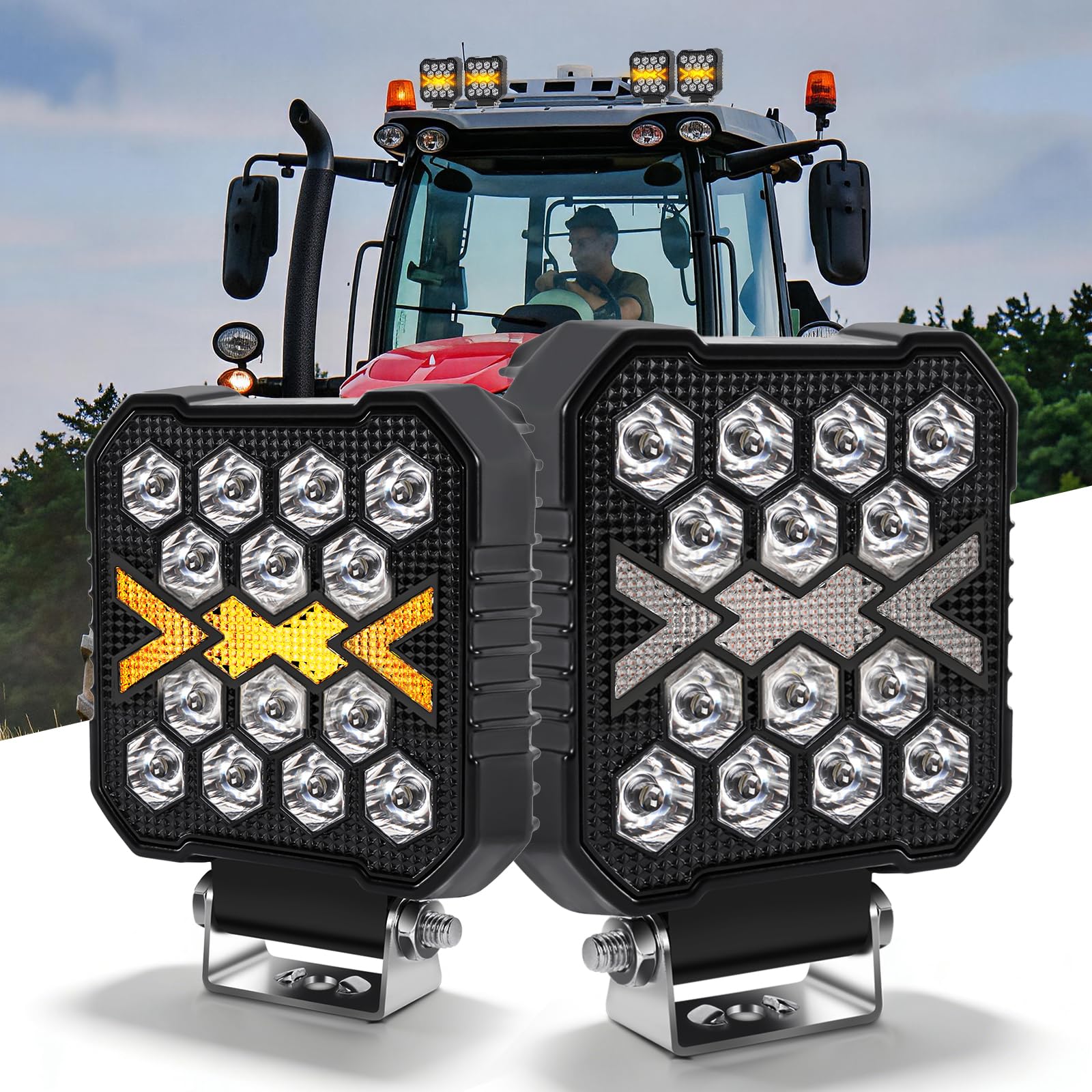 BraveWAY 2PCS 30W 15000LM Phare De Travail Led Carré, 4 Pouces Phare De Travail12v 24v, Projecteur Ambre Blanc Pour Suv, Camion, Moto, Tracteur, Suv, Tracteur
