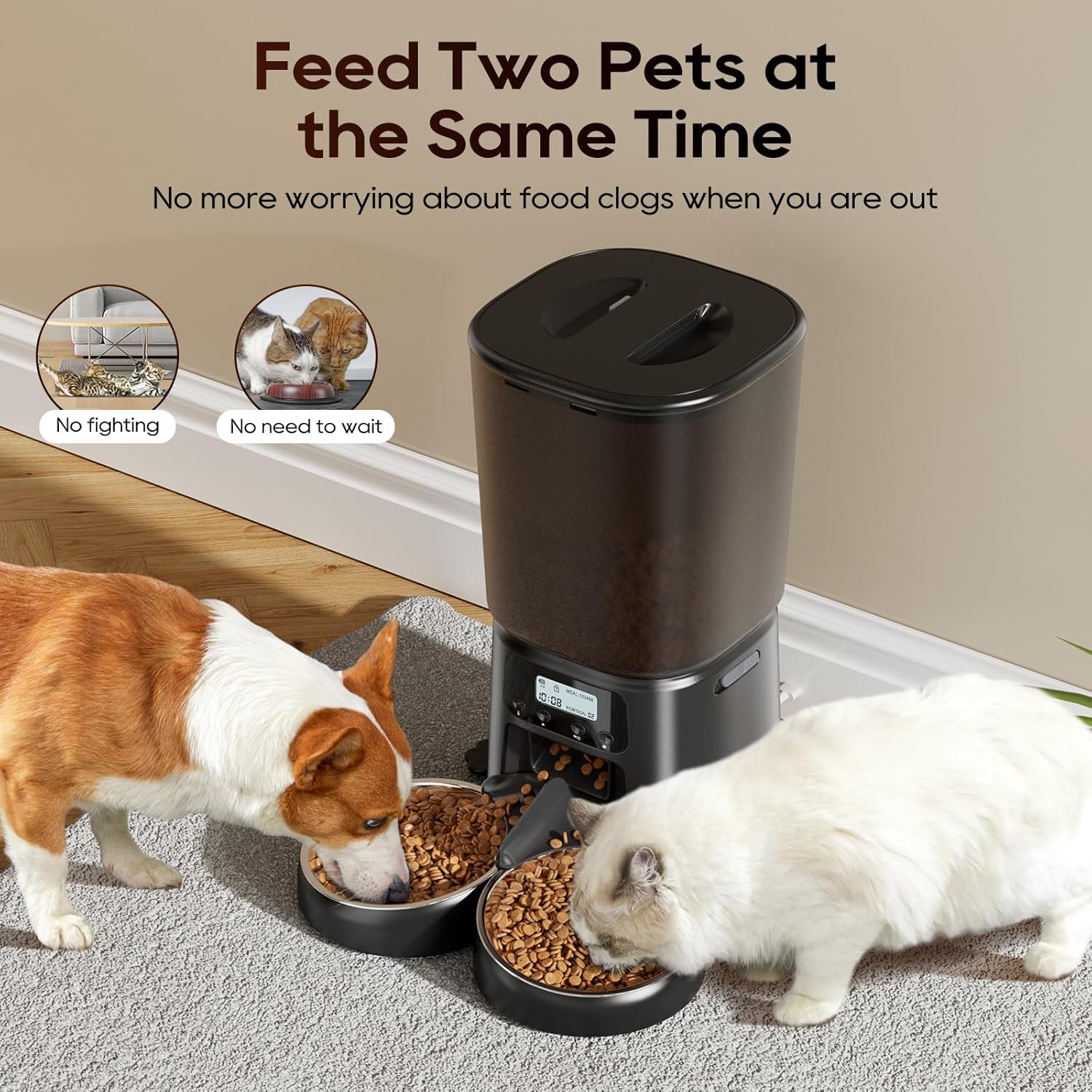 Automatic Cat Feeder for 2 Cats, 6L/25 Cups Cat Food Dispenser Programmable 30 Portions 6 Meals per Day, Timed Pet Feeder for Kitty Small Dogs with 10S Voice Record, Easy Setup, Black