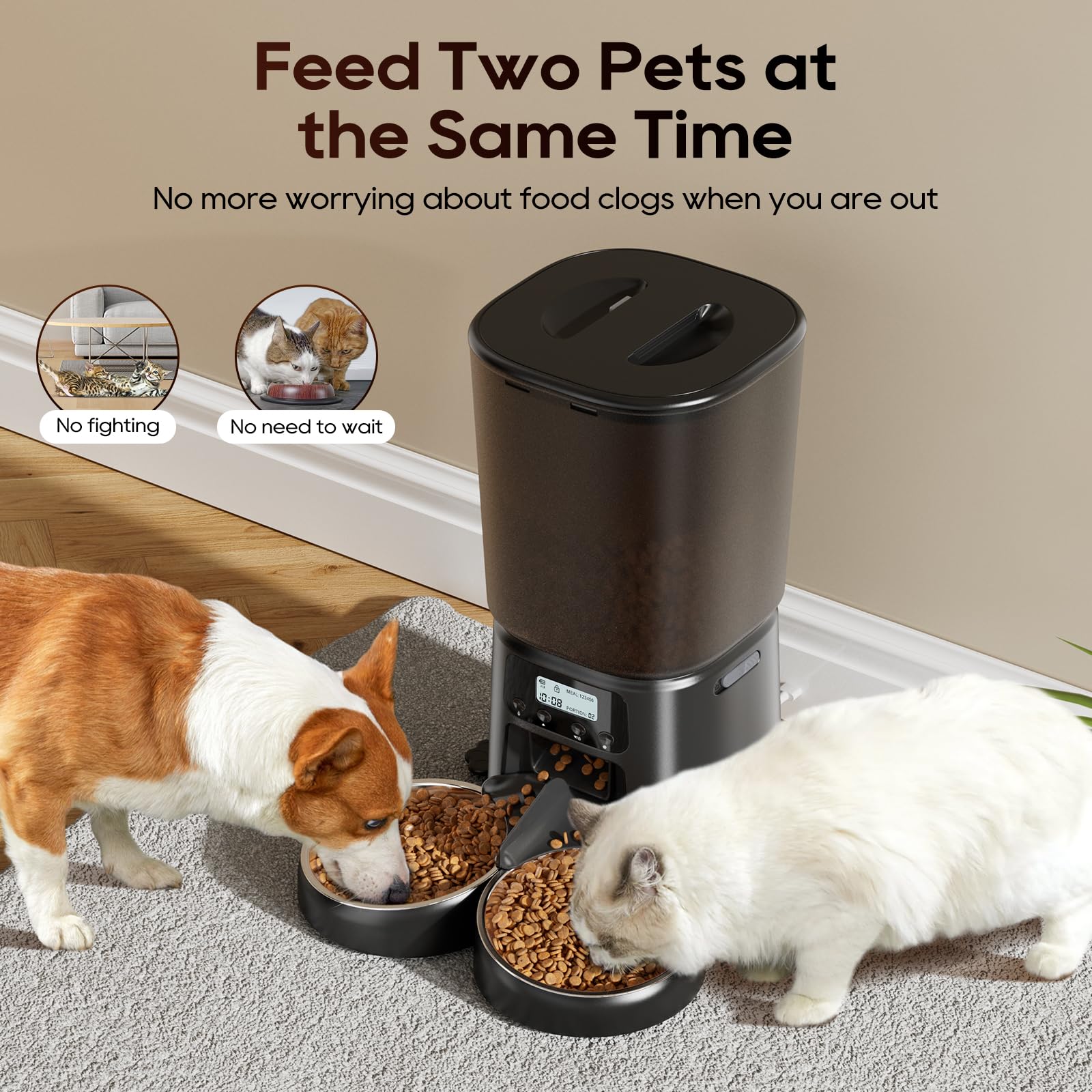 Petrice Automatic Cat Feeder for 2 Cats, 6L/25 Cups Cat Food Dispenser Programmable 30 Portions 6 Meals per Day, Timed Pet Feeder for Kitty Small Dogs with 10S Voice Record, Easy Setup, Black - image 4