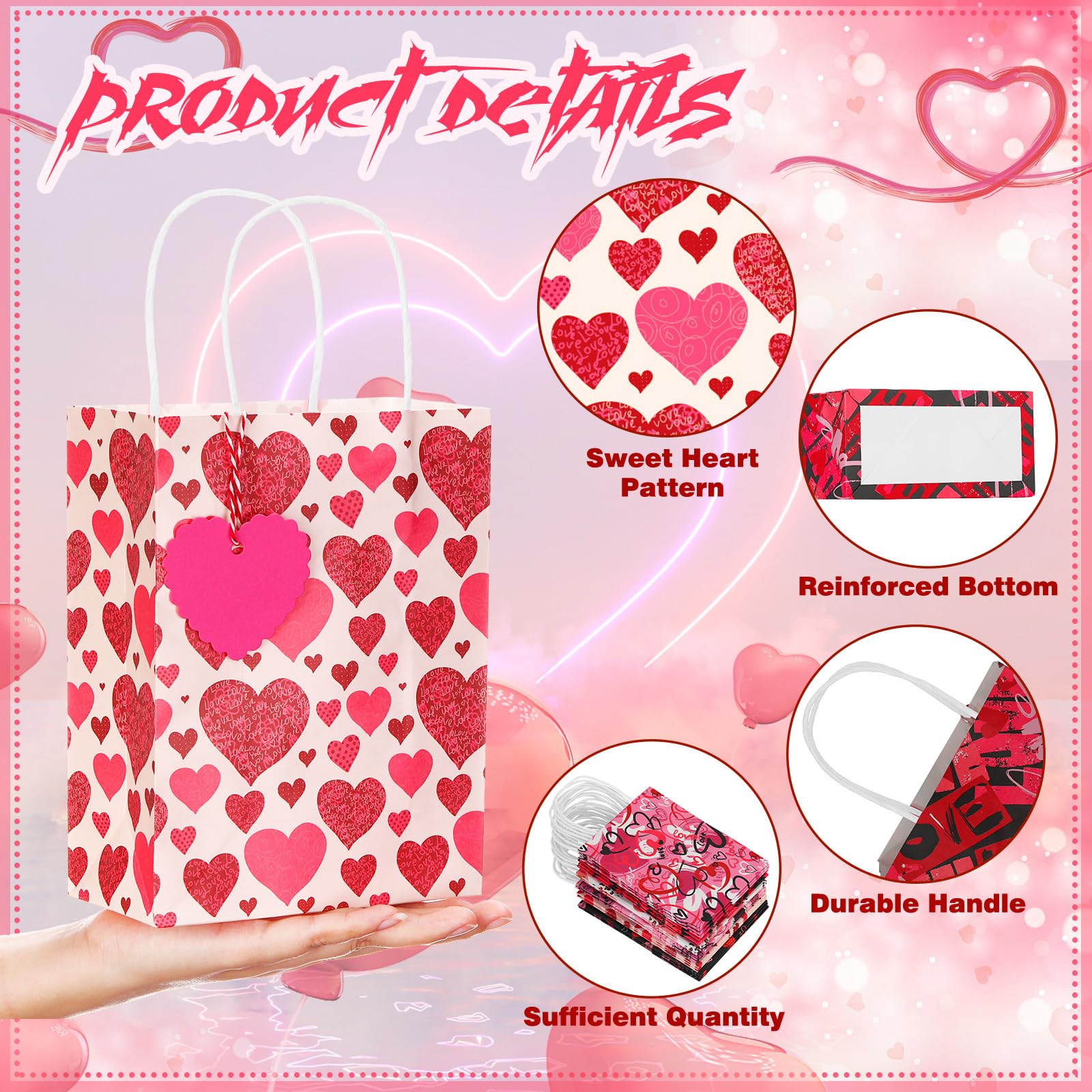 100 Valentinstag-Geschenktüten Mit Griff (16x25 Cm) Transparent/rot - Für Süßigkeiten, Geschenke, Party