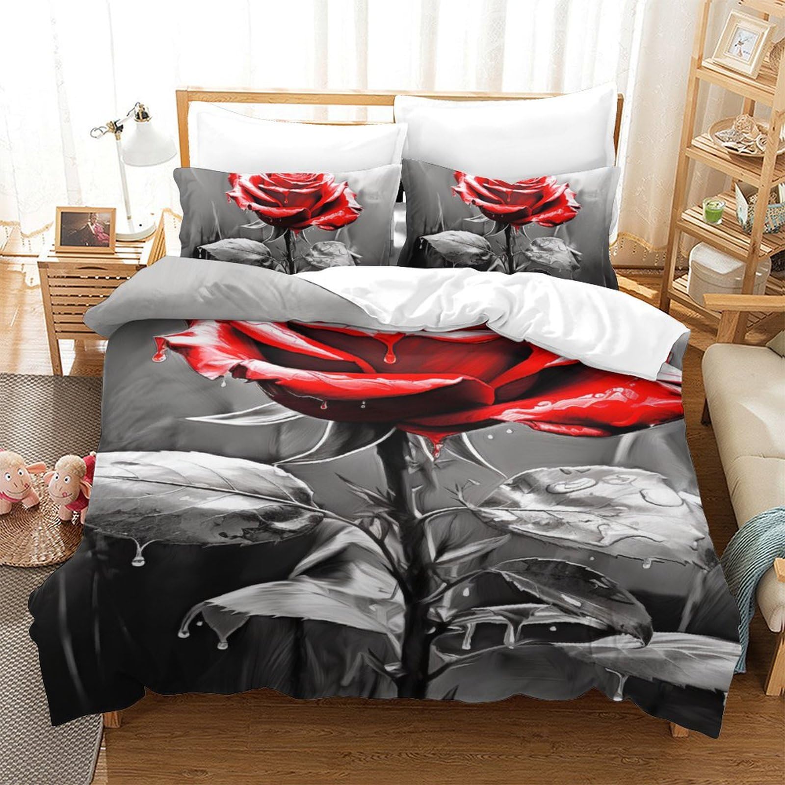 Housse de couette 140x200cm parure de lit microfibre 3d roses