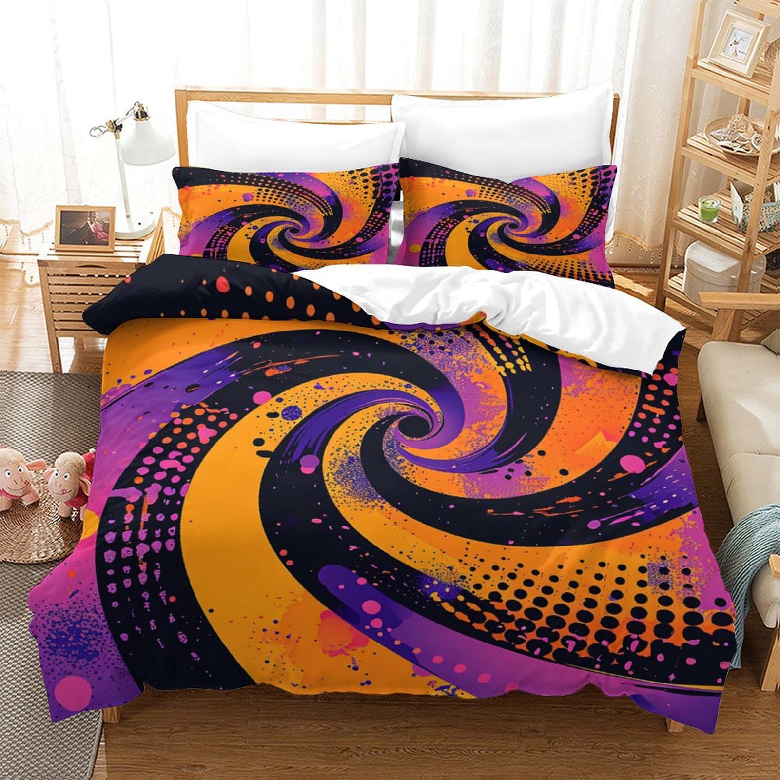 P1S9U7W5Y Vivid Swirl 3D Printed Microfiber 3 Piece Duvet Cover Set for Adults Abstract Spiral Bedding Set Breathable Bedroom Décor Double（200x200cm）