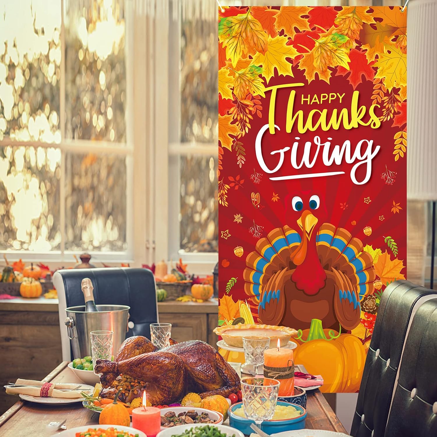 Happy Thanksgiving Door Banner, Thanksgiving Fall Door Cover Decorations Hanging Pumpkin Turkey Maple Leaf Sign Backdrop Banner for Thanks Giving Autumn Party Front Door Outdoor Indoor Decor Supplies - Image 7