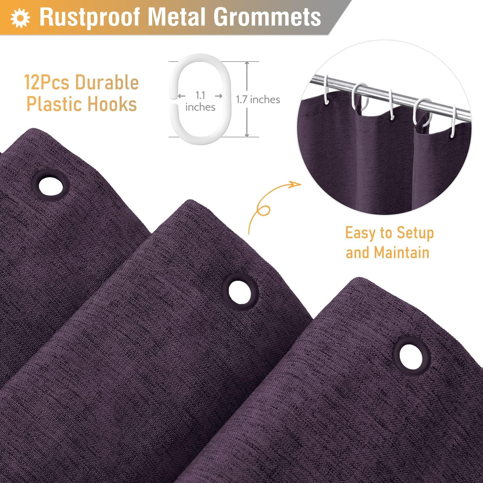BTTN Purple Shower Curtain, Modern Linen Look Textured Fabric, Waterproof Polyester for Wet Rooms Weighted Hem - Image 4
