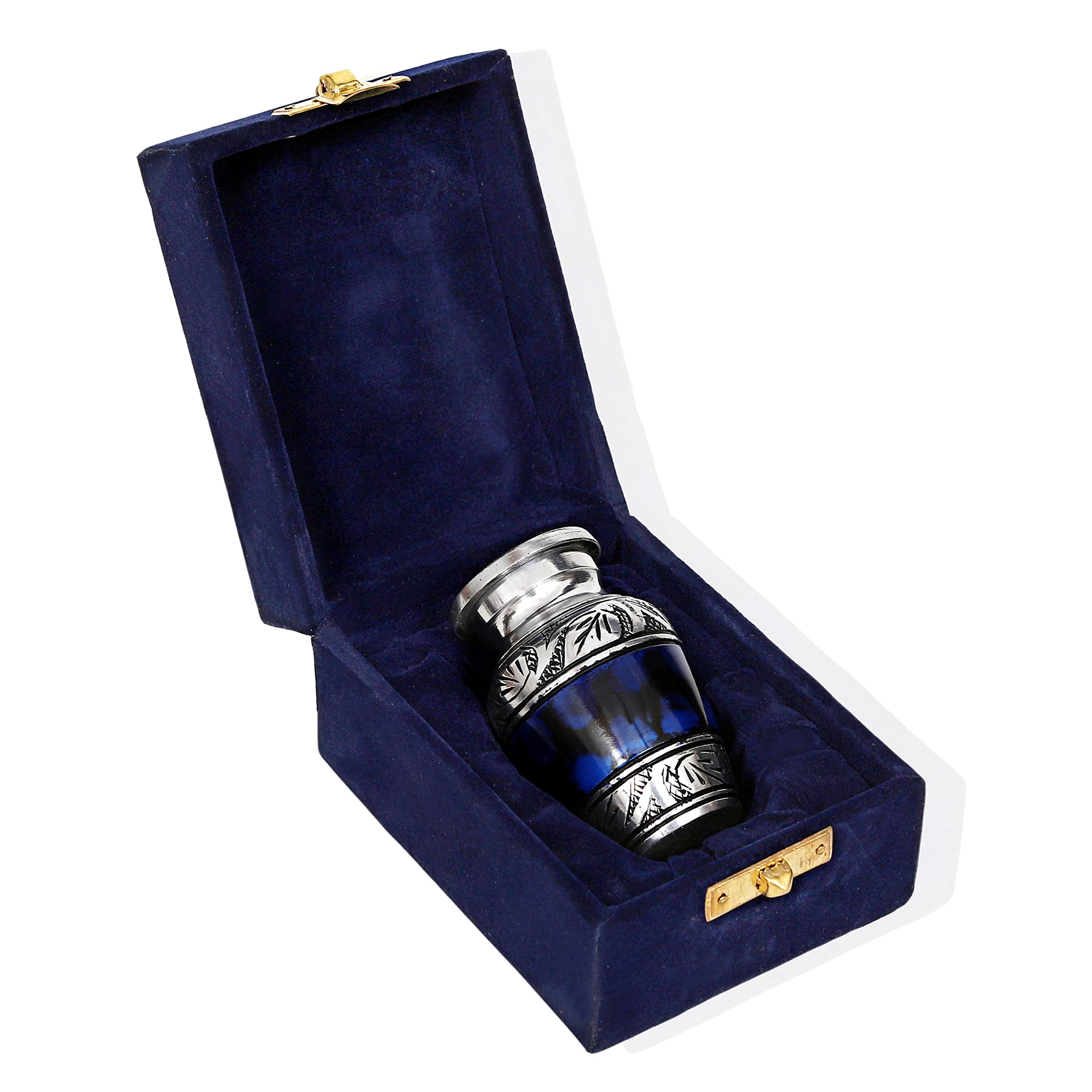 HLC Urna de Recuerdo pequeña grabada a Mano Azul – Urna de cremación con 1 Bolsa de Terciopelo de Aluminio, 3 pies cúbicos, Bonito patrón Azul, Acabado Pulido, urna Decorativa