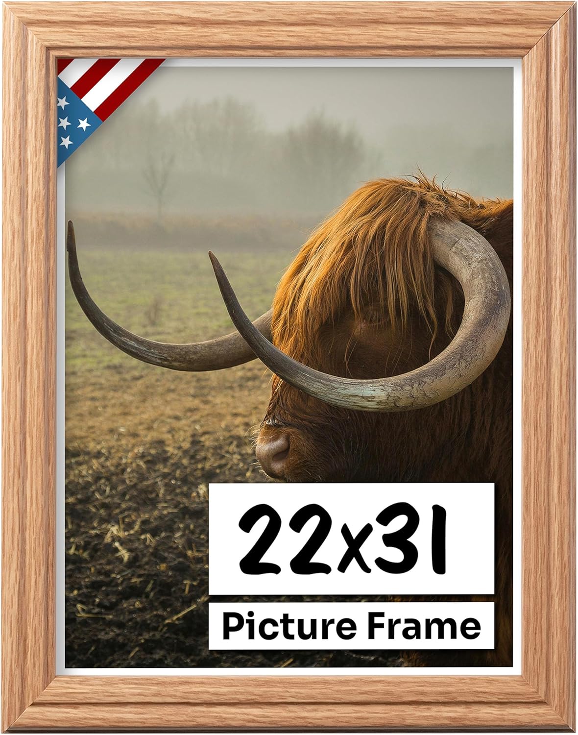Oak 22x31 Picture Frame .75" Inch Wide - Faux Oak Decor Handmade Solid Wood Frames with Preinstalled Hangers and UV Blocking Plexiglass 31x22 Frame