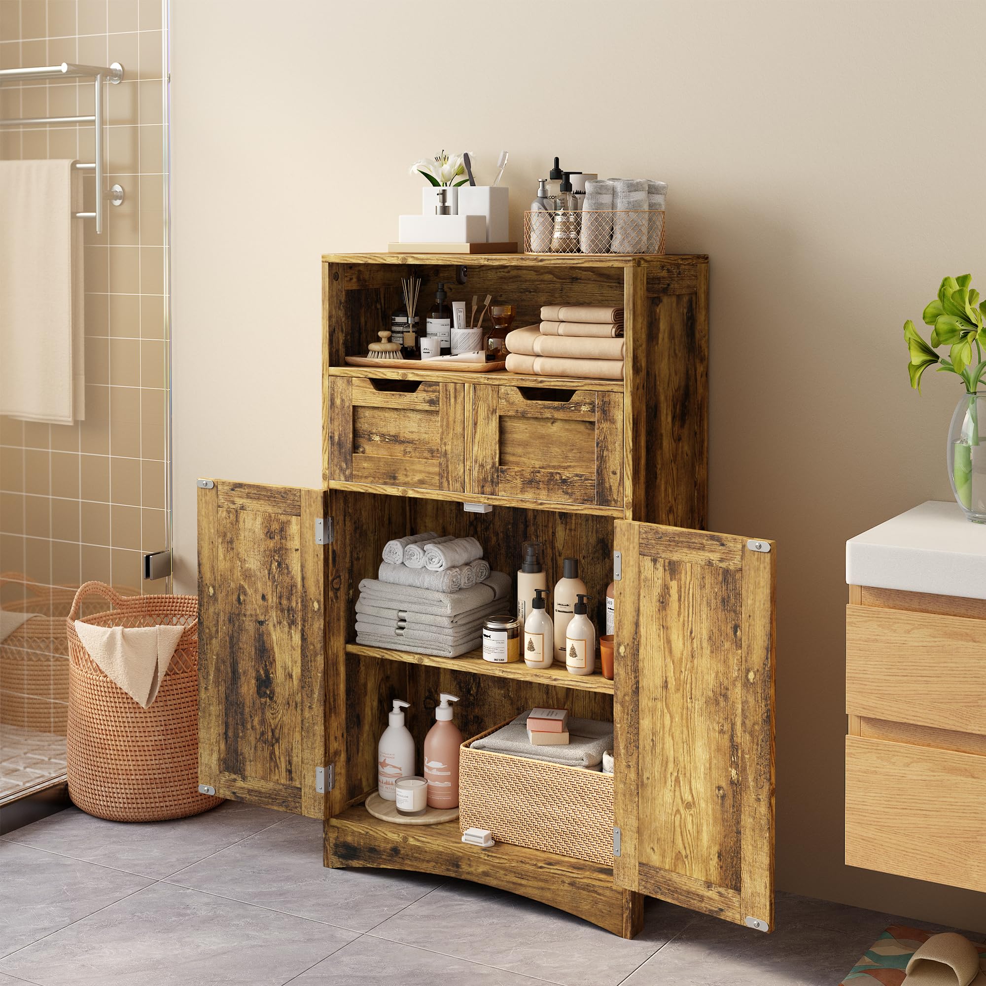 Bealife Armoire Salle de Bain, Armoire de Rangement avec 2 Tiroirs, Étagère Réglable et 2 Portes, Meuble Rangement pour Salon, Chambre, 60x30x108 cm, Rétro