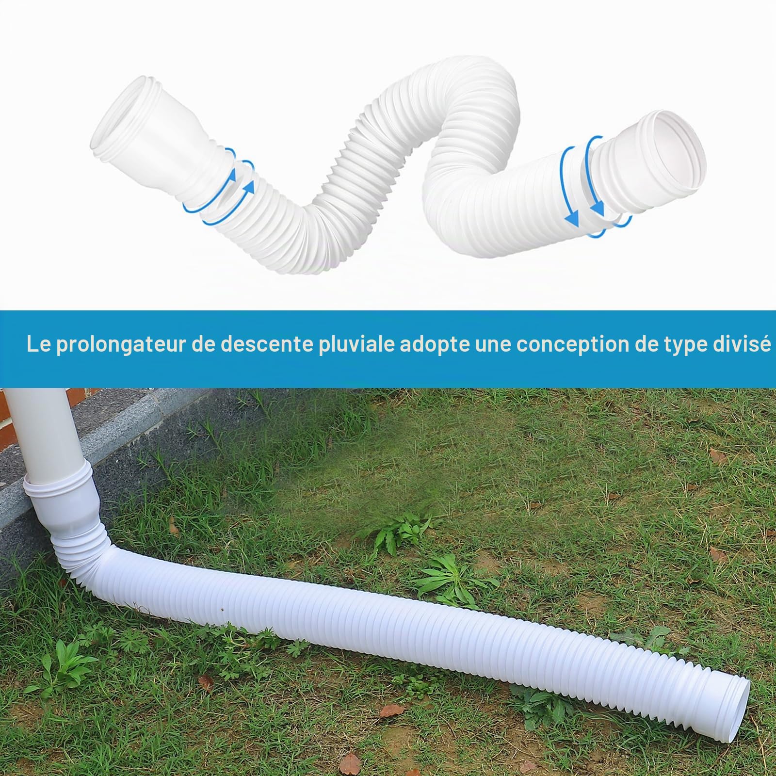 Canaux de Toit, Tuyau de Descente, Extension de Gouttières 150 cm Extensions de Tuyaux de Découverte Rainpale, Kit Flexible, Fossé de Pluie, Extension de la Pelouse (1 Blanc)