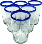 Dos Sueños Verres à boire mexicains soufflés à la main - Ensemble de 6 Verres à bords bleus de cobalt (14 oz chacun)