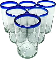Vista 1 de Dos Sueños Hand Blown Mexican Drinking Glasses - Set of 6 Glasses with Cobalt Blue Rims (14 oz each)