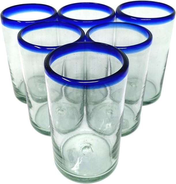 Dos Sueños Verres à boire mexicains soufflés à la main - Ensemble de 6 Verres à bords bleus de cobalt (14 oz chacun)
