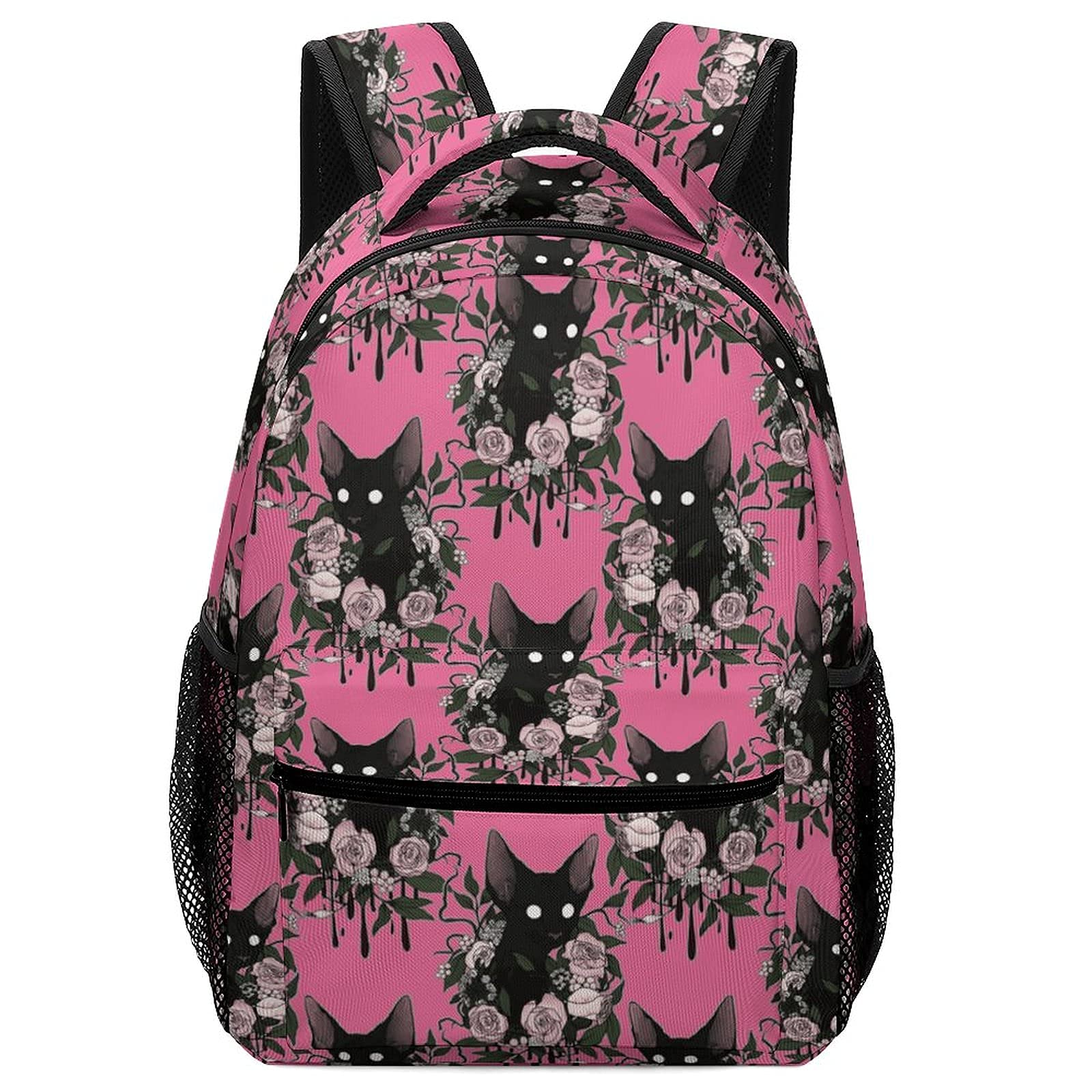 Yaxinduobao Black Hairless Sphynx Cats Pink Double Backpack Sackpack Teens Childrens Notebook With Side Pocket Lightweight Adjustable Bookbag 16.5inch