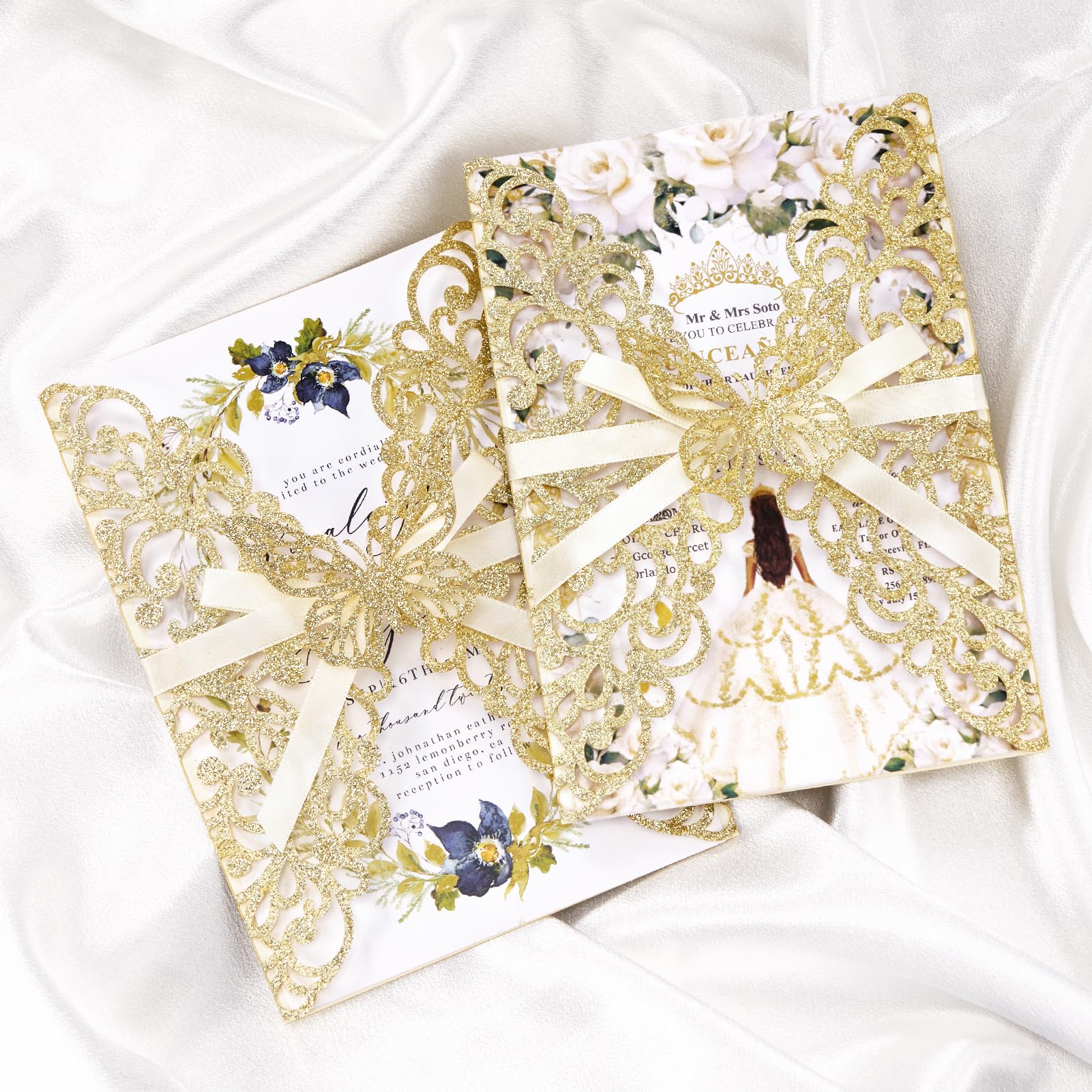 Hochzeitseinladungen mit Umschlägen und RSVP-Karten, lasergeschnittenes Schmetterlingsband, goldfarben, 50 Stück