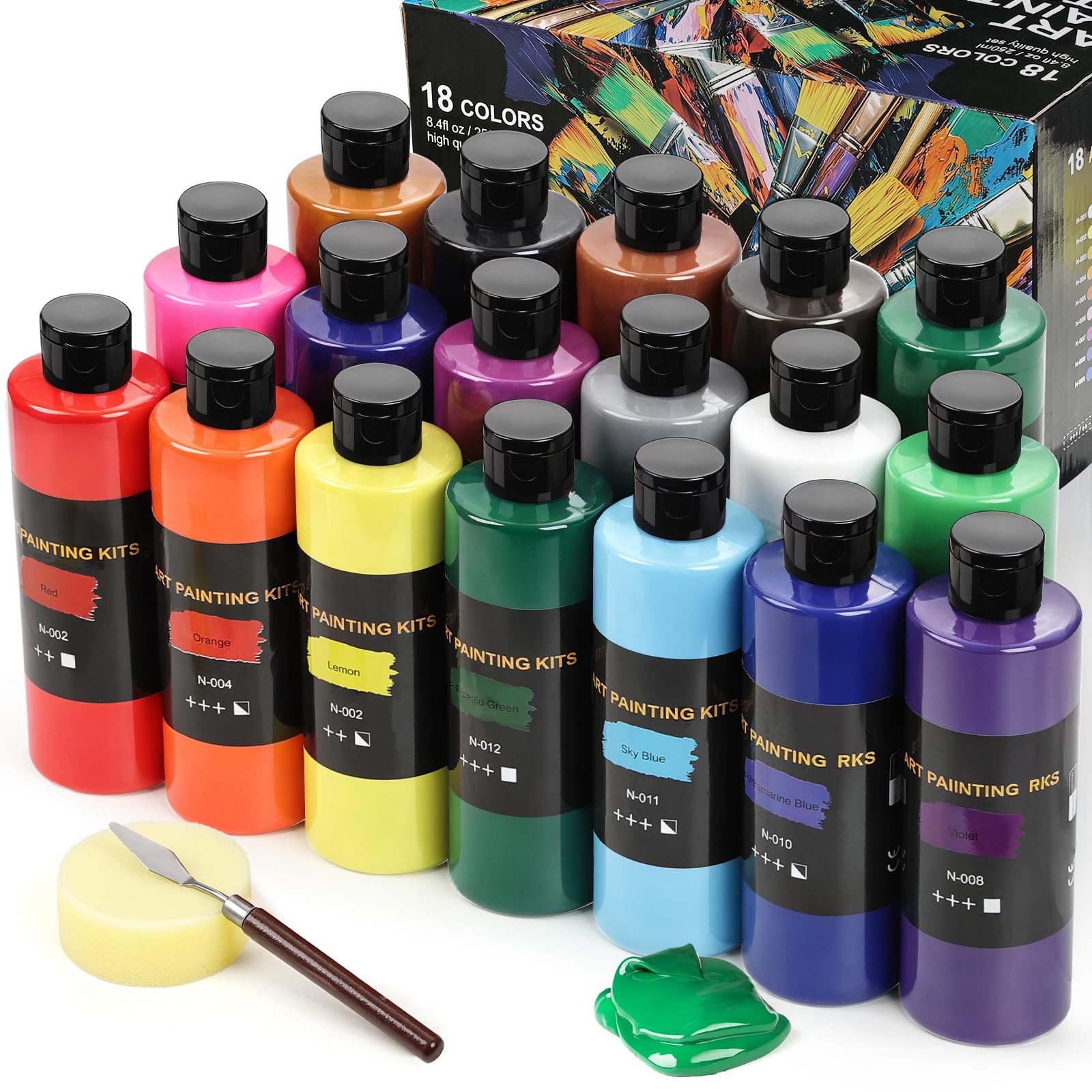 18 Colors Bulk Acrylic Paint Set (250 ml/8.45 oz Large Bottles), Non-Toxic for Kids & Adults, Acrylic Paint Bulk on Wood, Glass, Ceramic, Art Painting Supplies with Palette Knife & Art Sponge
