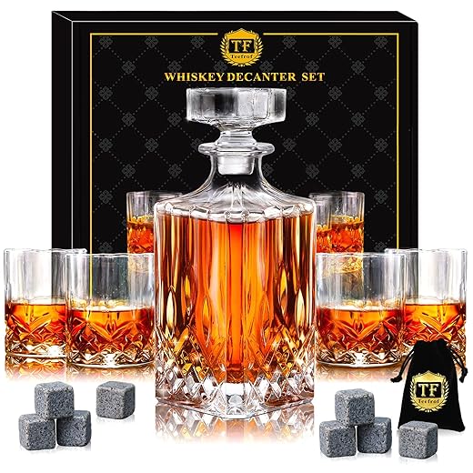 06. Whiskey Decanter Set with 4 Glasses, 8 Whiskey Stones - A Perfect Gift for Bourbon Enthusiasts