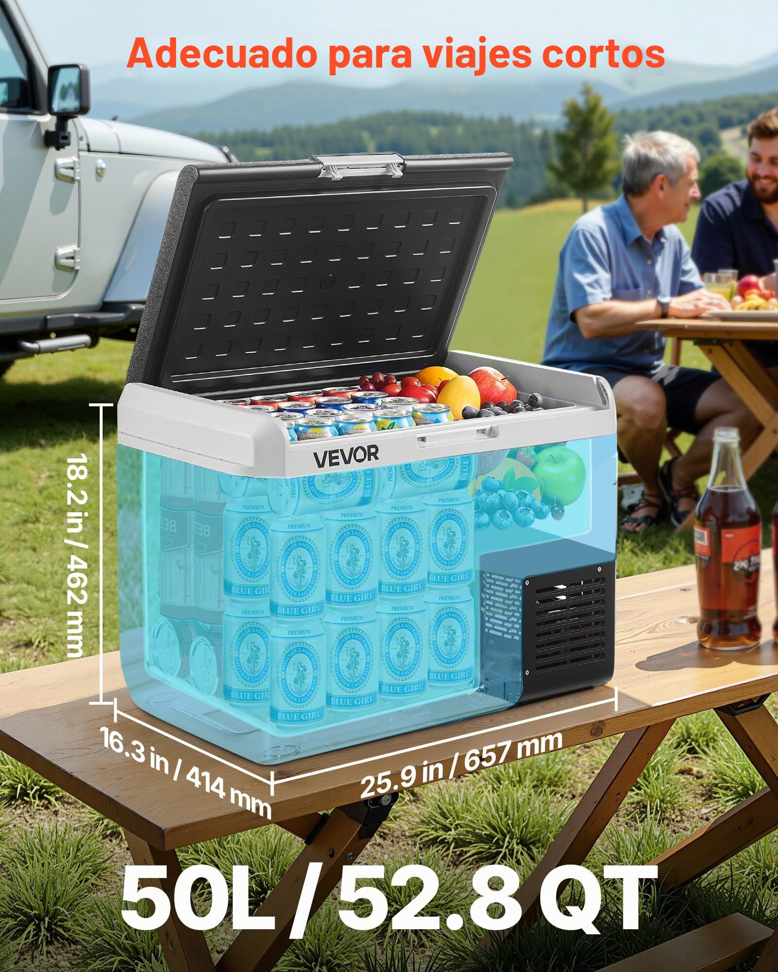 VEVOR Nevera Portátil para Coche 50 L, Zona Única, Refrigerador para Coche con Compresor 12/24 V CC y 100-240 V CA, Temperatura Ajustable de -20 °C a 20 °C, para Autocaravanas, Camping, Viajes