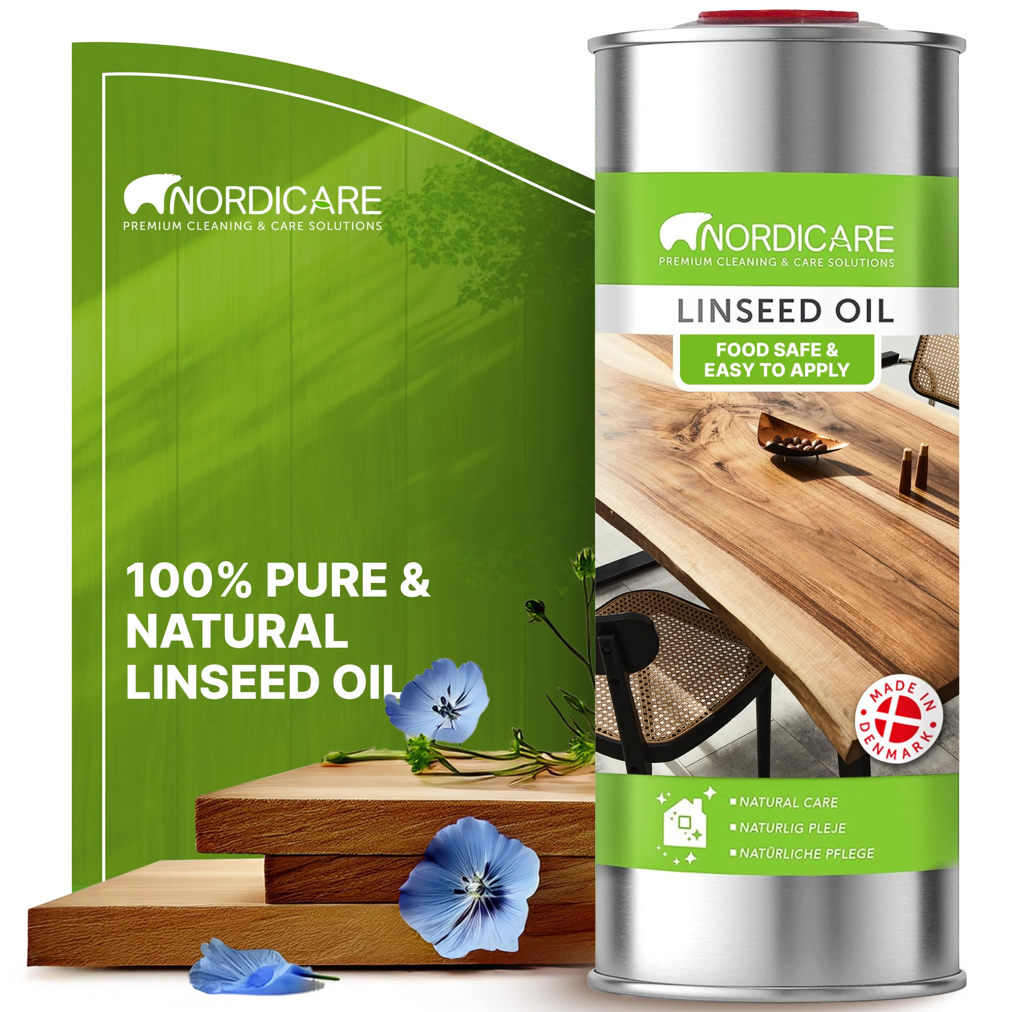 Nordicare Linseed Oil for Wood - 100% Pure & Natural Linseed Oil for the Entire Indoor Area - Food-Safe - Furniture -Underlines the Original Wood Structure - Made in Denmark (1L)