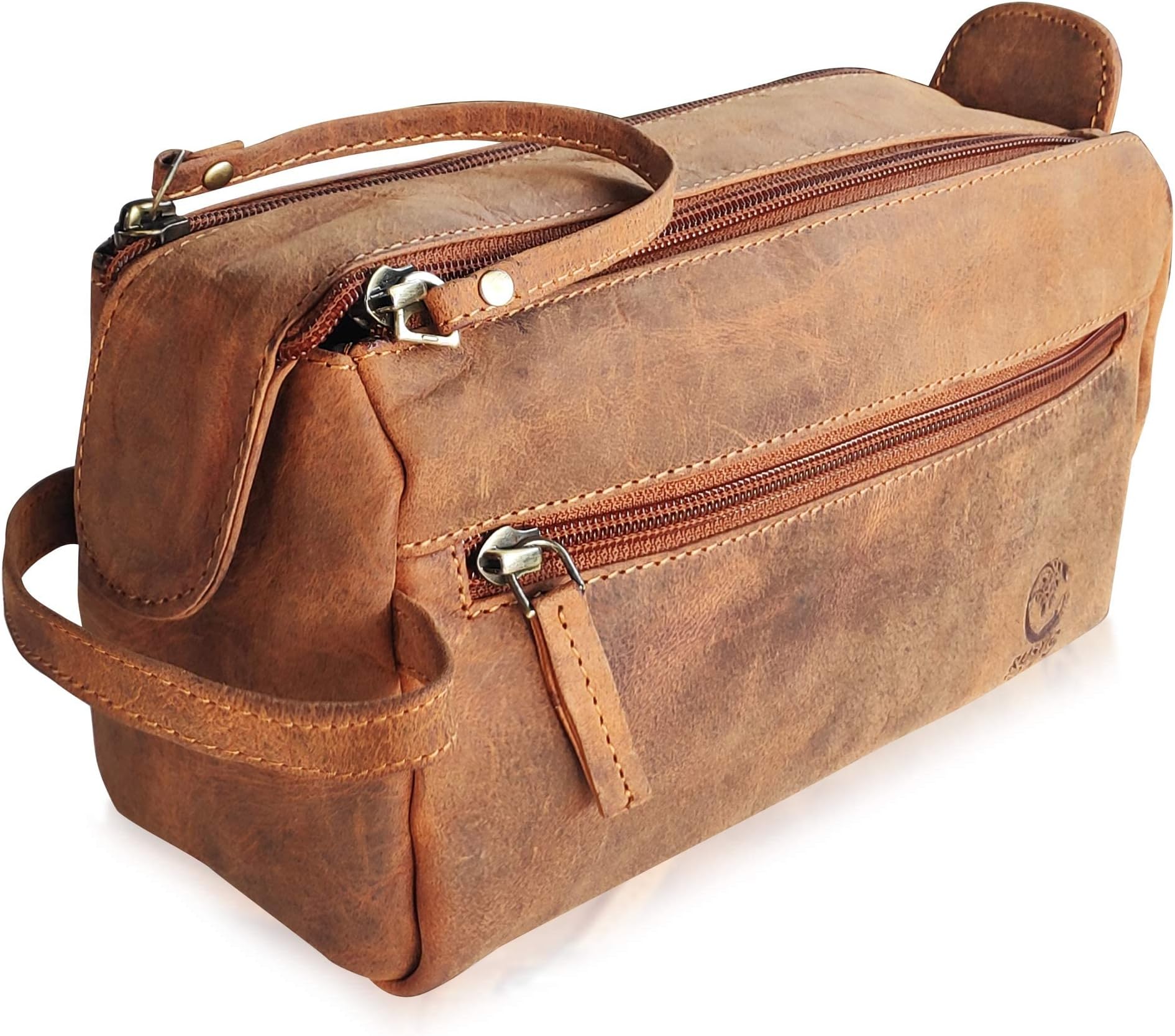 Rustic Town Full Grain Leather Toiletry Bag for Men & Women - Portable Travel Waterproof Dopp Kit (Brown)