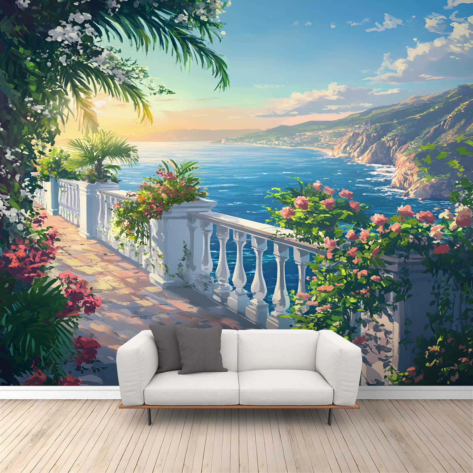 Mediterranean Coastal Mural Coastal Balcony Decor Murals Sunset Ocean Coast Mural Wallpaper 3D Natural Landscape Wallpaper for Living Room Bedroom 350 x 256 cm