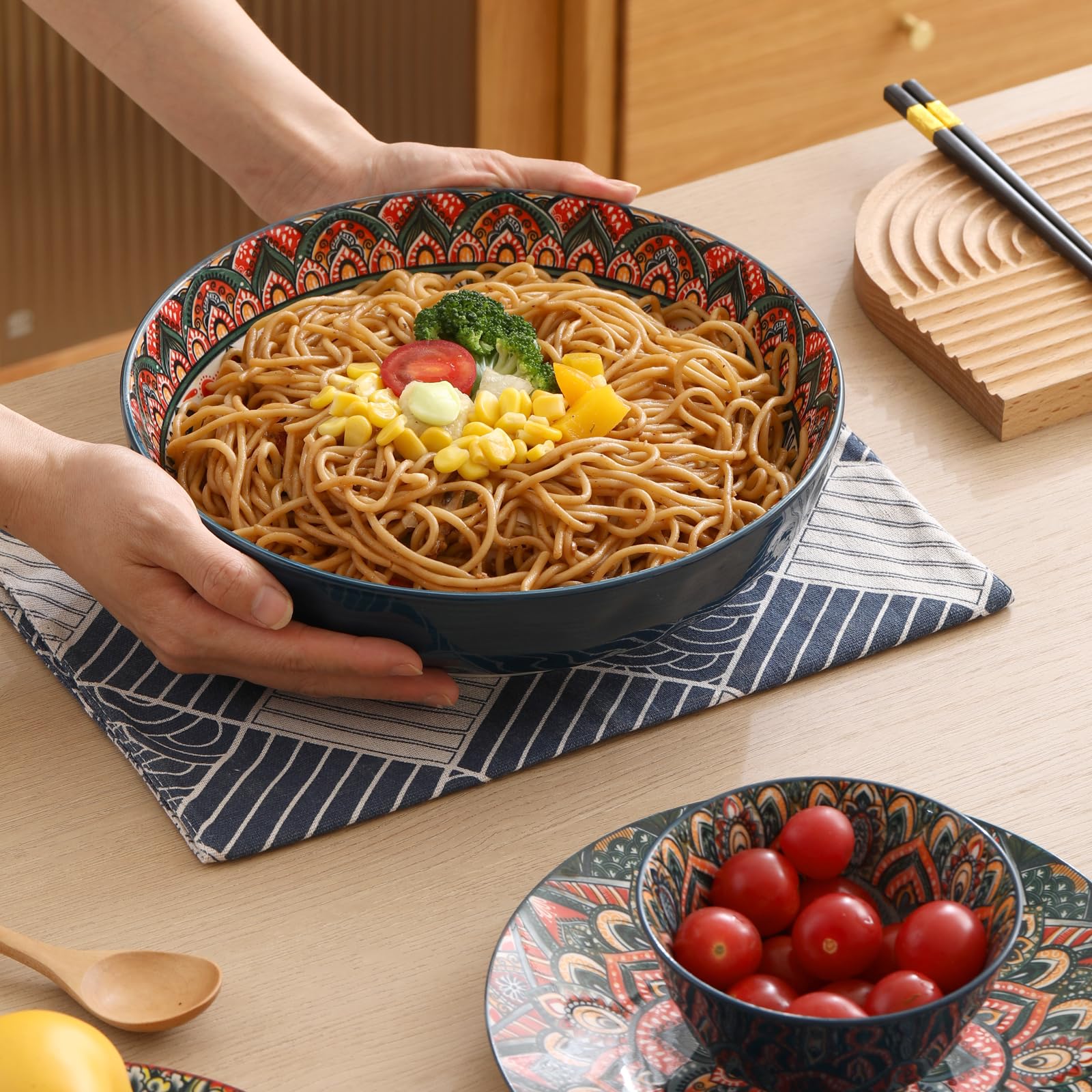 Grands Bols De Service De 2,126,2 G, Grands Bols En Porcelaine De Style Bohème Pour Les Fêtes, Grands Bols Pour Manger De La Soupe, De La Salade, Des Pâtes, Des Fruits, Des