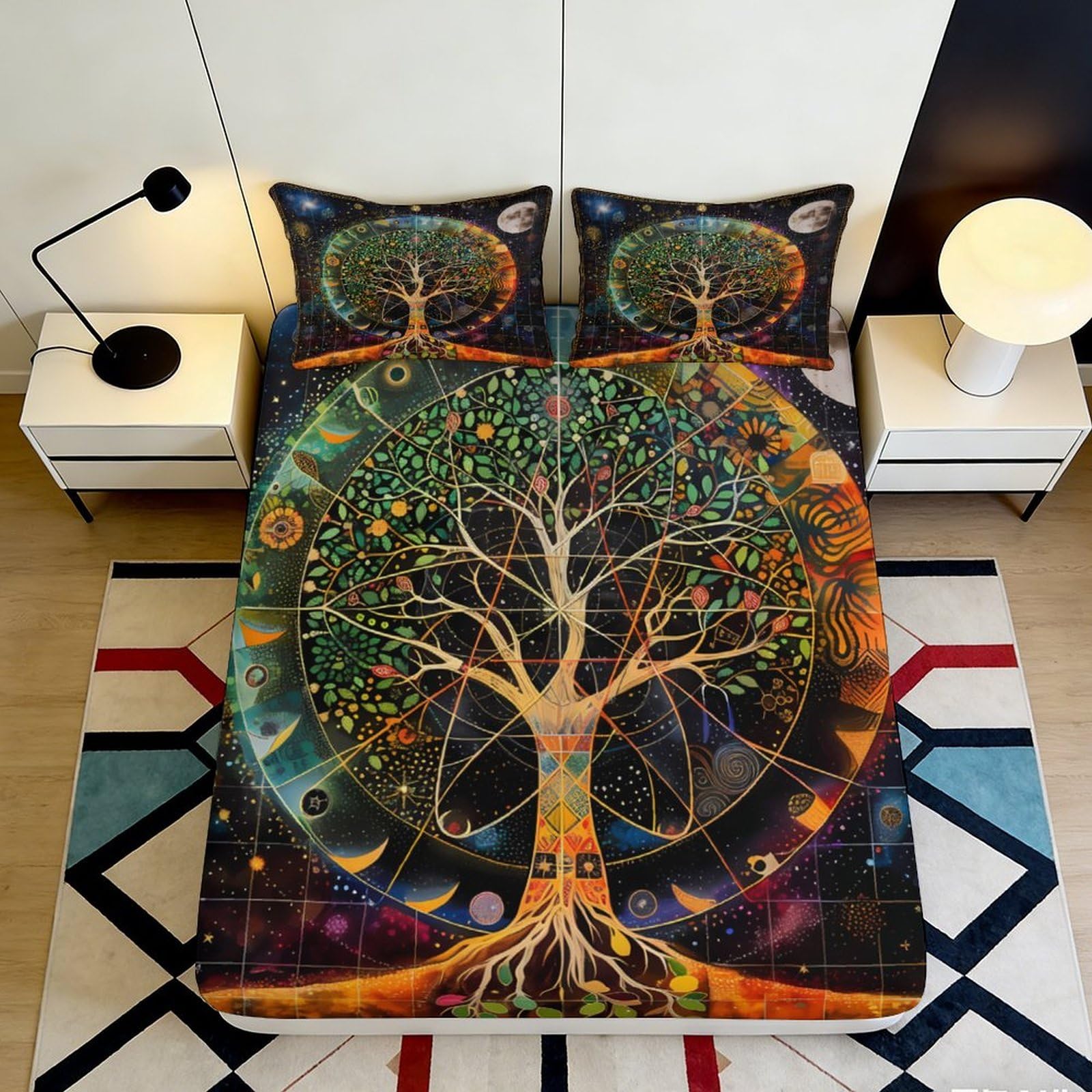 3D Printed Tree of Life Fitted Sheet Microfiber Deep Pocket Non-Slip Tree Pattern Mattress Fitted Cover Wrap Washable Bedroom 90x200x25cm