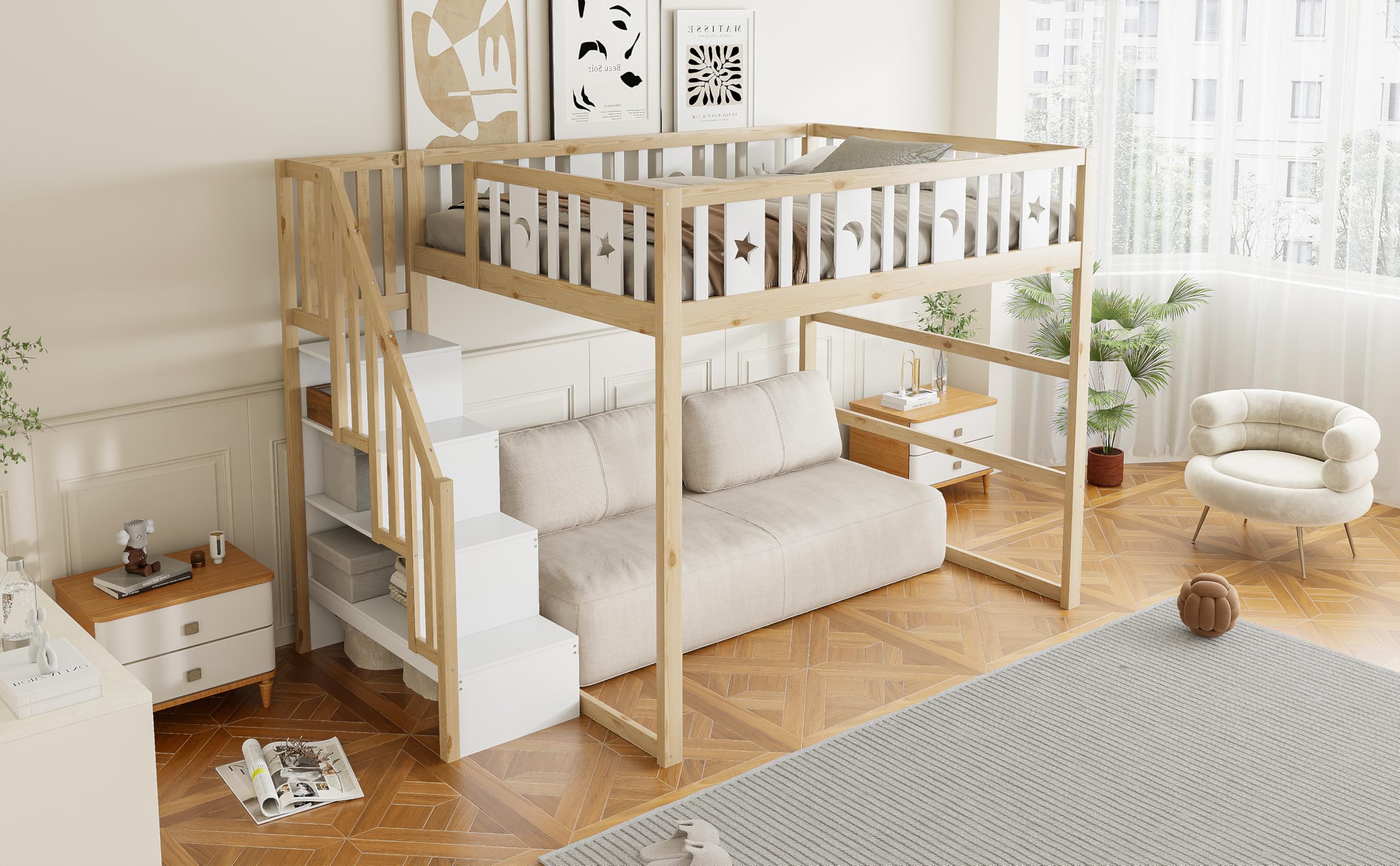 Letto A Soppalco 140x200 cmIn Metallo Con Doppio Ripiano Laterale, Cassetti Su Ruote E Spazio Contenitore, Struttura Letto In Metallo Con Supporto Per Tenda, Per Camera Compatta