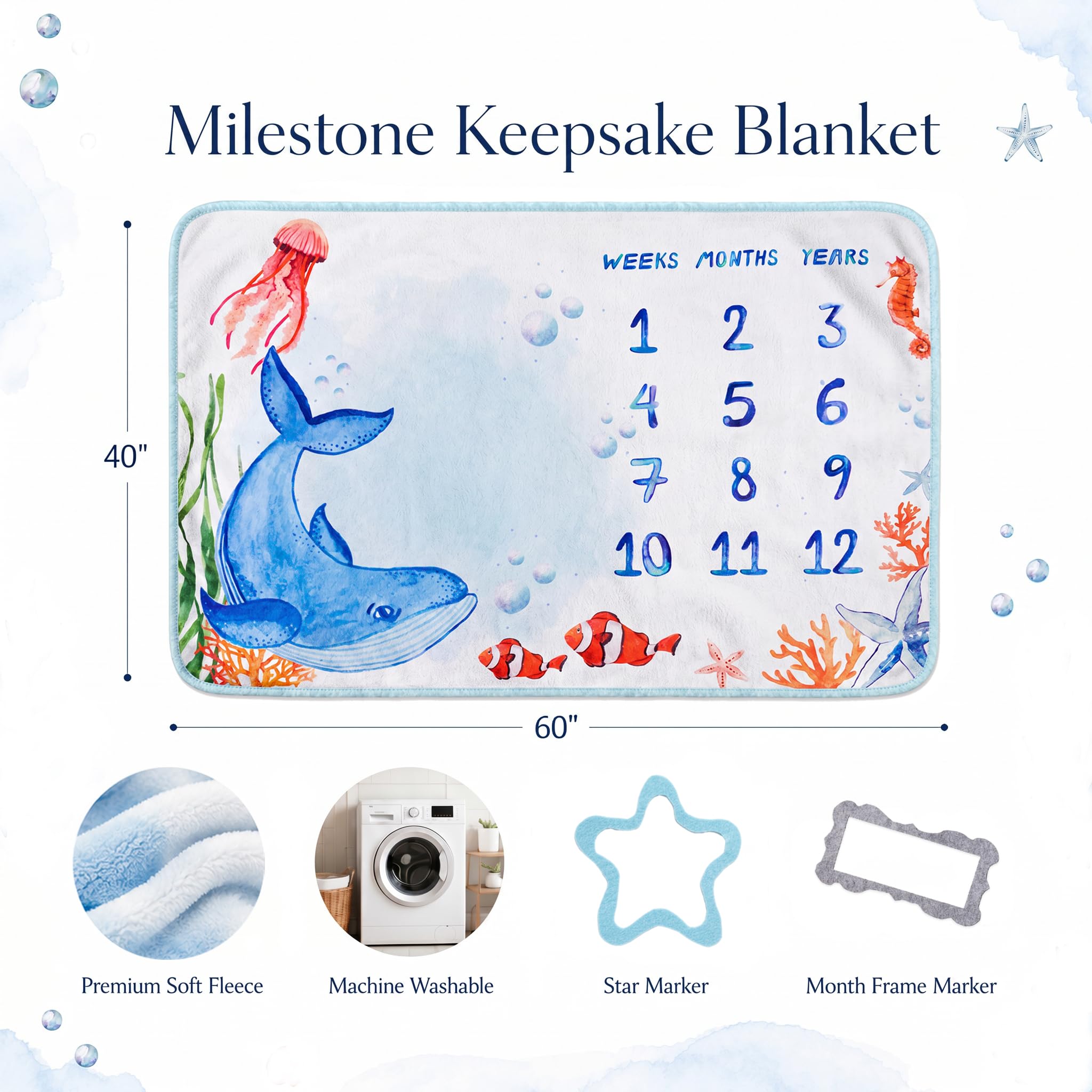 Manta de hito para bebé, diseño original, manta mensual de hitos para niños y niñas, manta de accesorios de fotografía para bebé, 60 x 40 pies, mundo oceánico