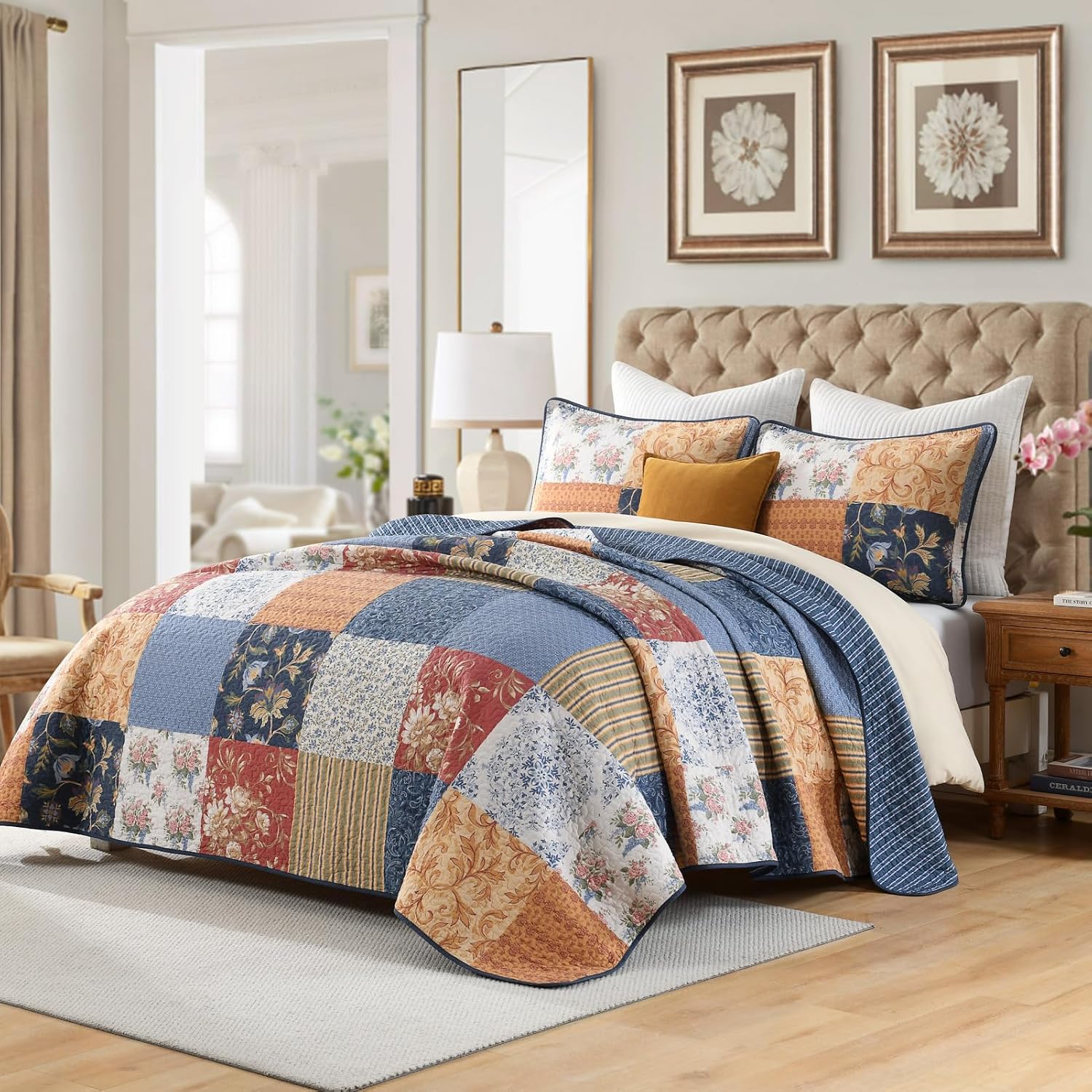 100% Cotton Quilt Set Queen Size - Floral Quilted Comforter, Reversible Plaid Farmhouse Queen Quilt Bedspread, Vintage Chic Lightweight Bedding for Queen Bed, 3pcs, Navy/Mute Red/Blue/Yellow