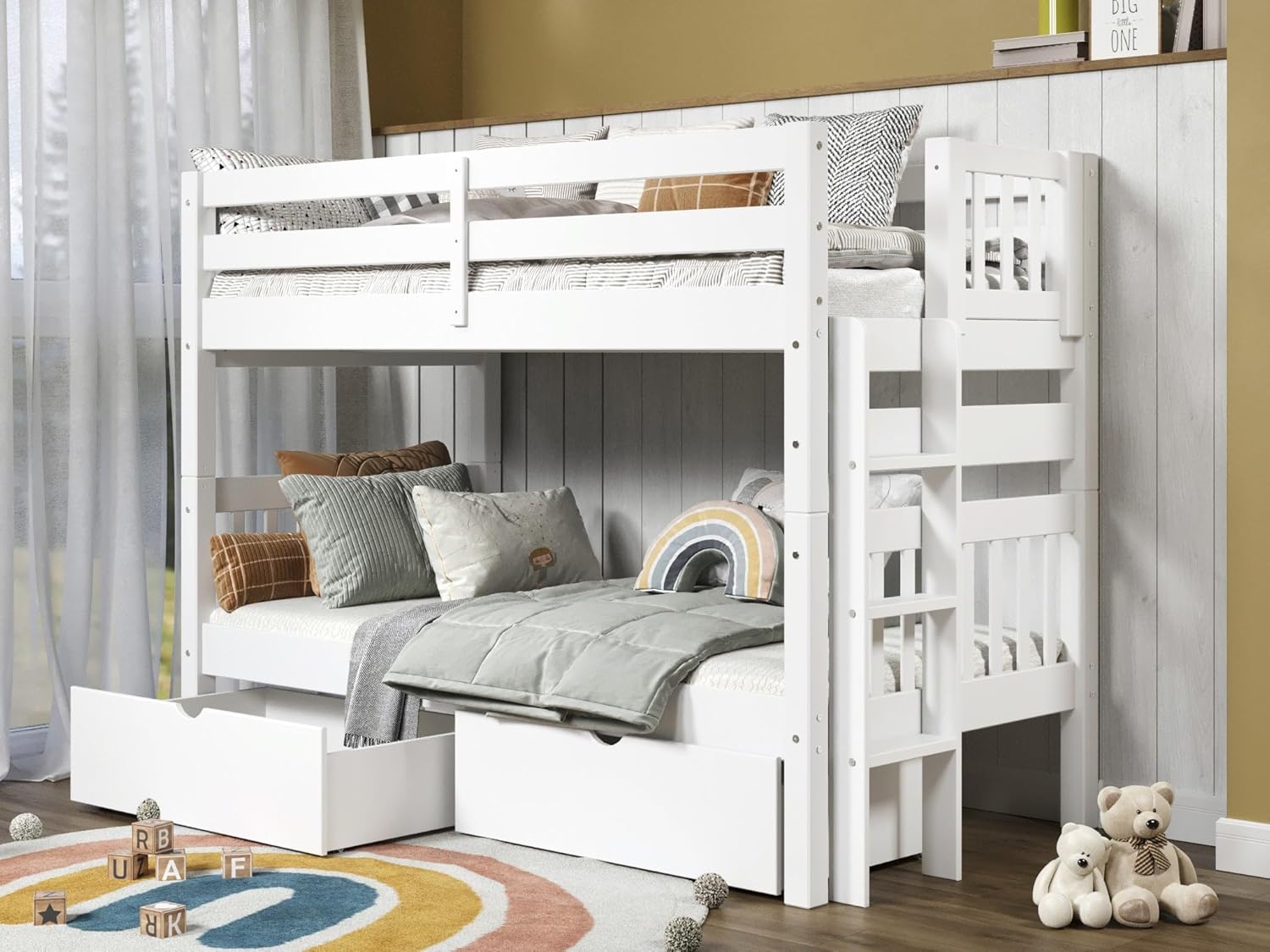 Bedz King Bunk Beds Twin Over Twin Mission Style, End Ladder, 2 Storage Drawers, White