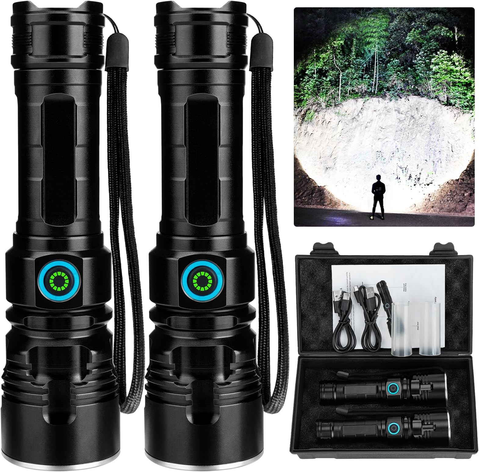 Rechargeable Flashlights 100000 High Lumens, Powerful LED Flash light with 3 Modes, Super Bright & IPX5 Waterproof Torch For Camping, Emergencies(2 Pack)