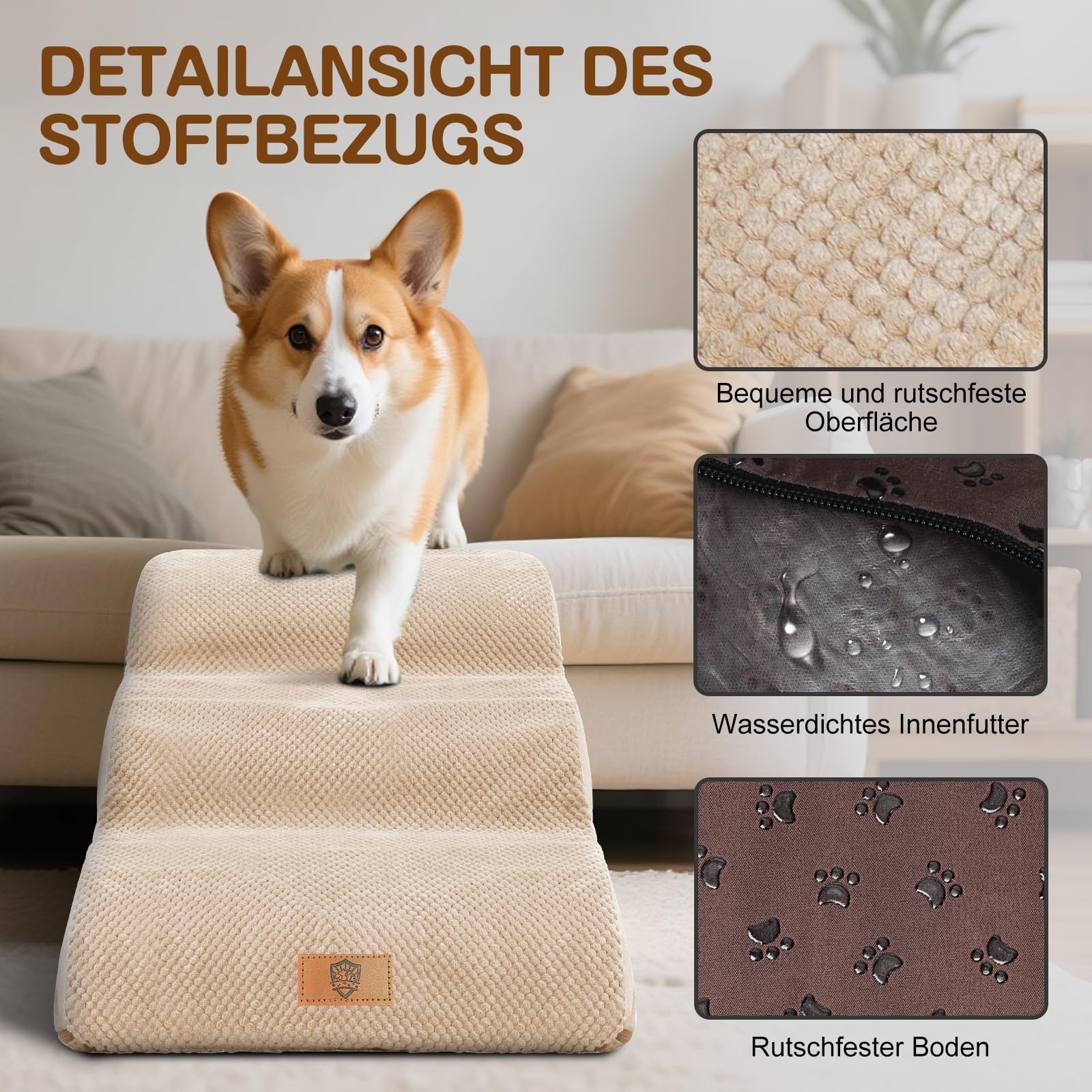 Masthome Hundetreppe für Kleine Hunde,Haustiertreppe 3 Stufen,Hunderampe aus Hochdichtem Schwamm für Bett und Sofa,Katzentreppe mit Waschbar Plüschbezug,40cm Hoch,Beige