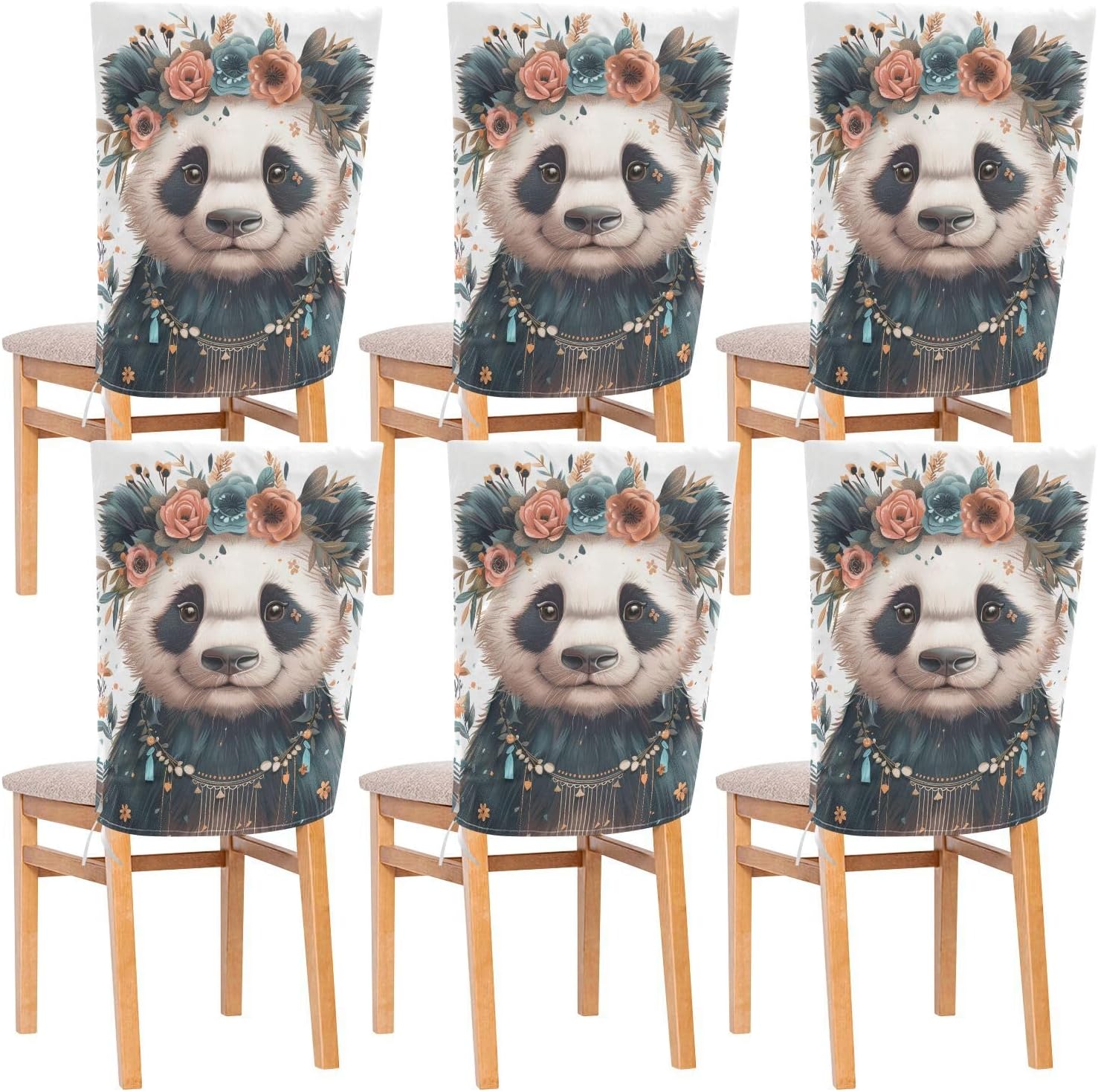 ALAZA Boho Cute Panda Chair Back Cover Set of 6, Washable Reusable Removable Chair Slipcovers Decorative Chair Cover for Home Kitchen Wedding Party