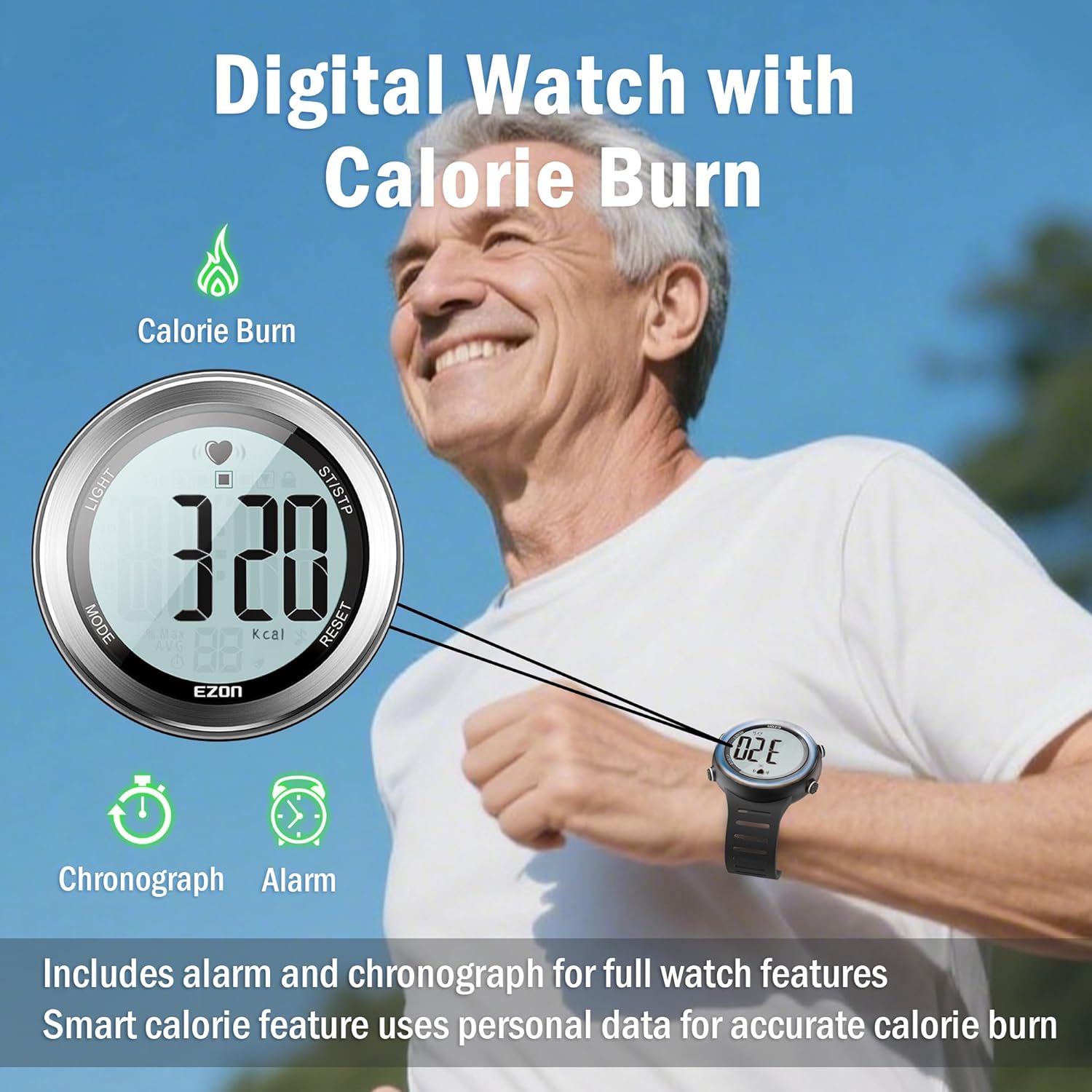 EZON Heart Rate Monitor Chest Strap, Exercise Heart Monitor, Sports Watch with HRM, Waterproof/Stopwatch/Hourly Chime, Steel Silver, T007A11