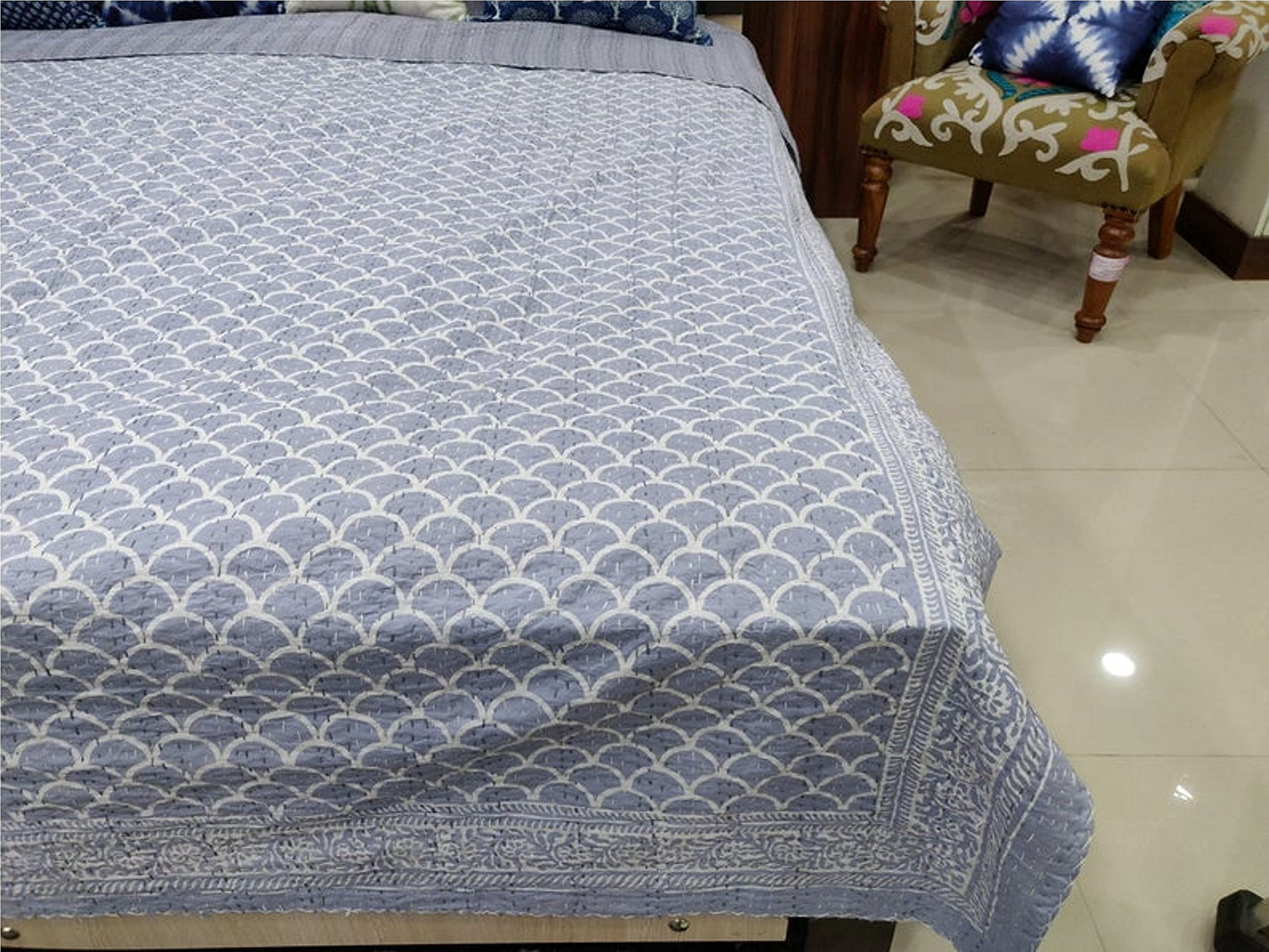 Couvre-lit Kantha en coton imprimé Jaipuri Razai pour lit boho chic