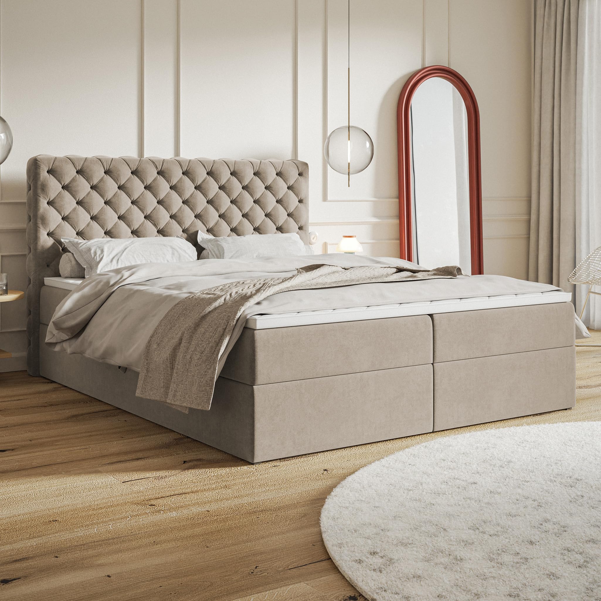 MOTIVENA Nero Chesterfield Boxspringbett 180x200 mit Bettkasten und Topper, Polsterbett 180x200 mit Bettkasten, Taschenfederkern-Matratze (H3), T28 Schaumstoff Topper (H3), Samt, Beige
