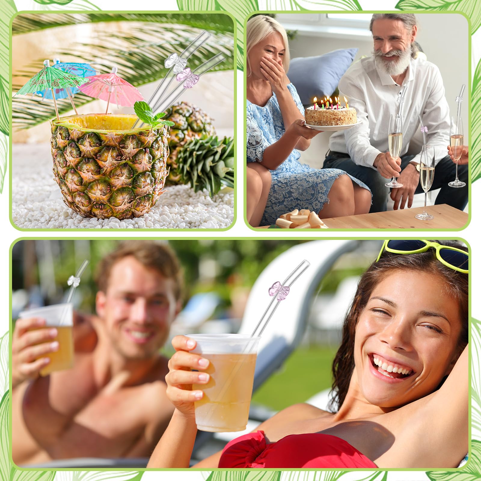 Meanplan 10 pajitas de vidrio reutilizables con diseño, 8 mm x 7.9 pulgadas, resistentes a los golpes, pajillas de vidrio doblado transparente con cepillo de limpieza para bebidas, fiestas, batidos