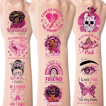 Breast Cancer Awareness Temporary Tattoos, 8 Sheets 160 Pcs Breast Cancer Awareness Accessories, Pink Ribbon Tattoo Stickers for Women Girls Fundraising Event Party Favor Supplies