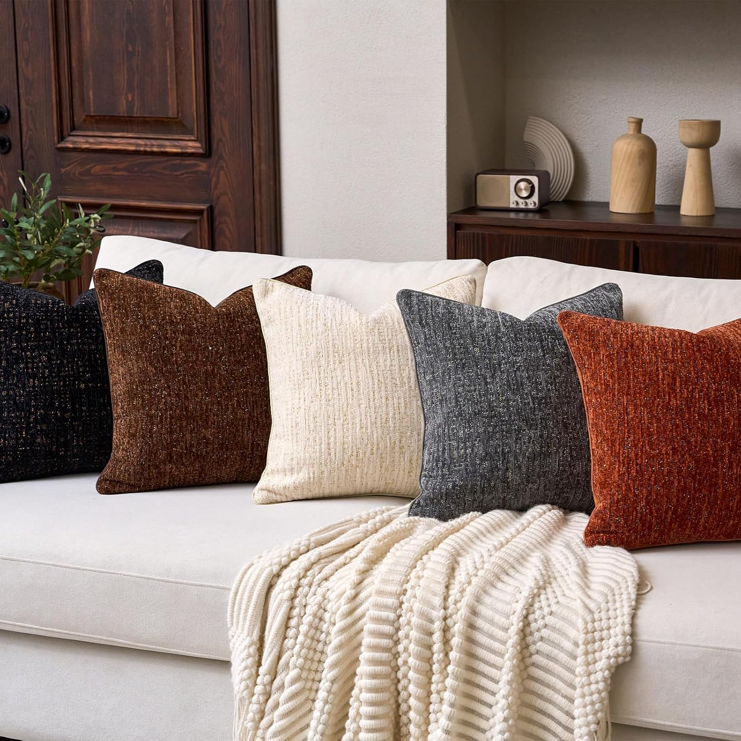 Aeckself Decorative Chenille Striped Throw Pillow Covers Vintage Couch Pillows 18x18 Inch Set of 2 Neutral Boho Farmhouse Cushion Covers Modern Home Decor for Sofa Bed Living Room Brown