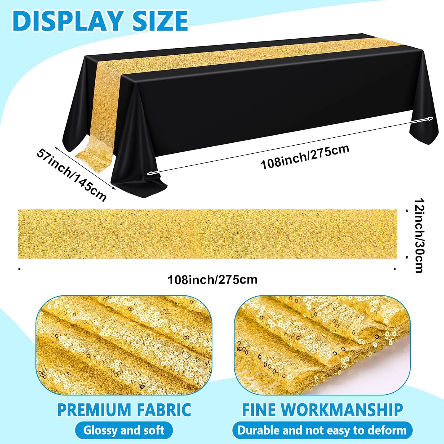 Newwiee 44 Pcs Tablecloth Chair Covers Chair Sashes Set, Spandex Chair Covers Sequin Chair Sashes Satin Table Runner for Wedding Hotel Banquet Party (Black and Gold)