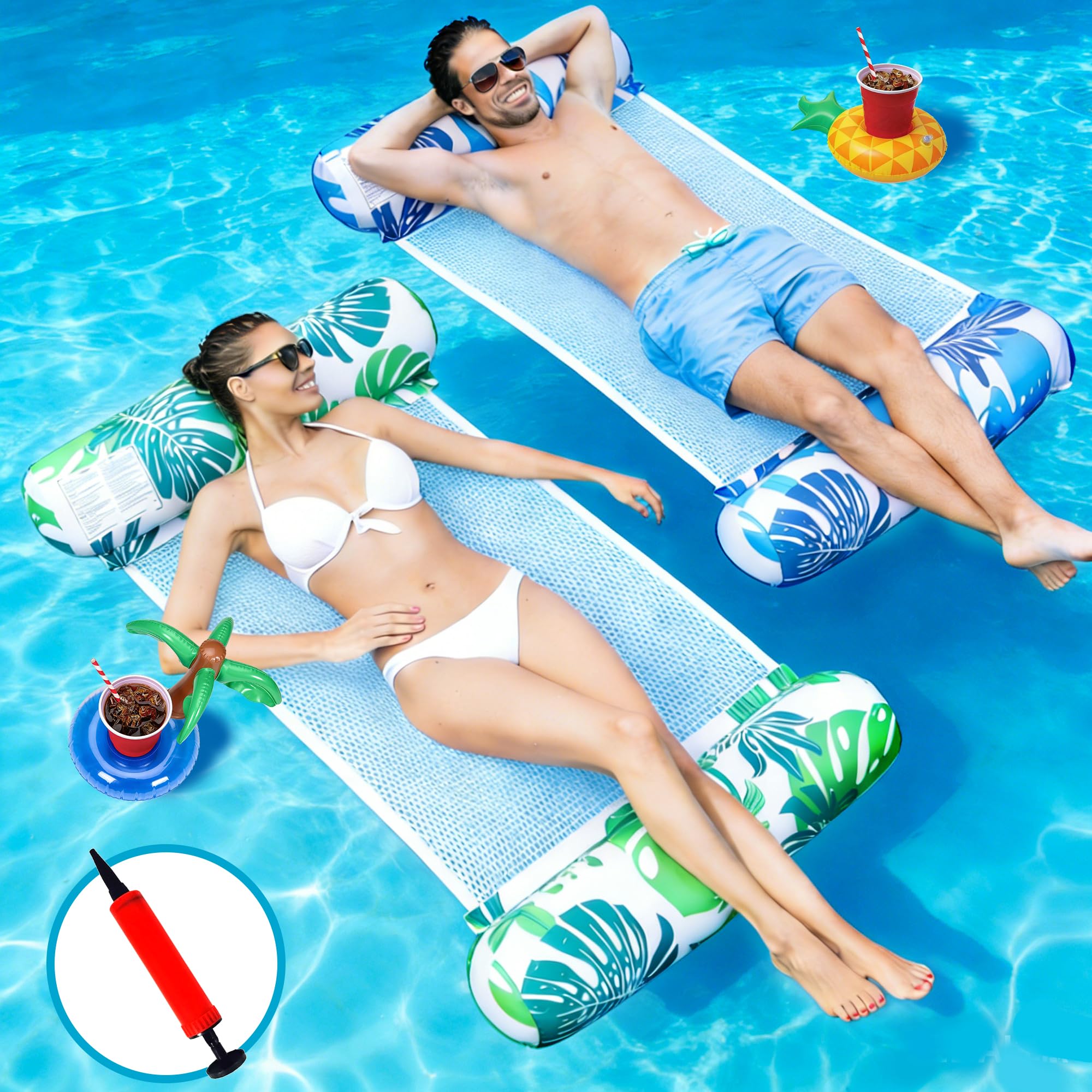 5-in-1 Swimming Pool Float Water Hammock Set, with Beach Ball/Watermelon Swimming Ring/Air Pump, Inflatable Lounger Floating Chair Beds, Relaxing Water Toys for Adult Kid, Tanning, Lake & Party