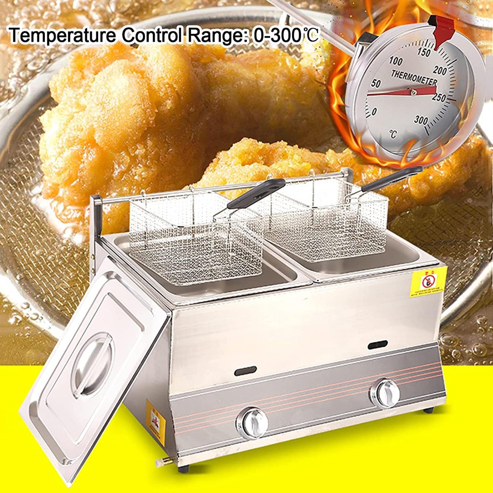 Frytkownica Gazowa Lpg, Frytkownica Blatowa Ze Stali Nierdzewnej Z Koszem I Pokrywką, Frytkownice Zewnętrzne Z Pokrętłami Regulacyjnymi, Do Restauracji Komercyjnych I Restauracji ，6L+1xFried Basket