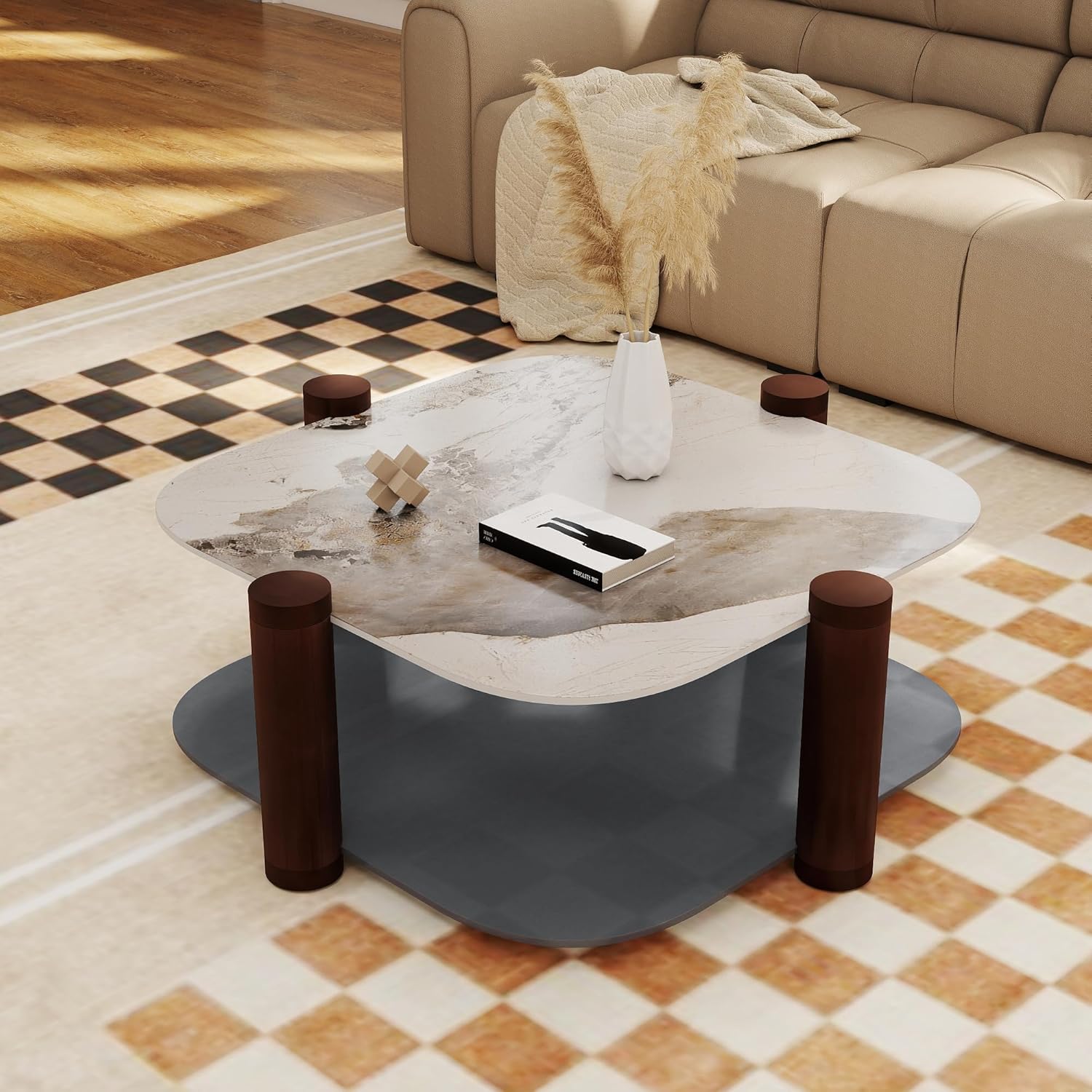 WJShome Modern 2-Tie Coffee Table for Living Room, mid Century Stylish Marble Coffee Table and Tempered Glass, Suitable for Bedroom Living Room Reception Office Tables