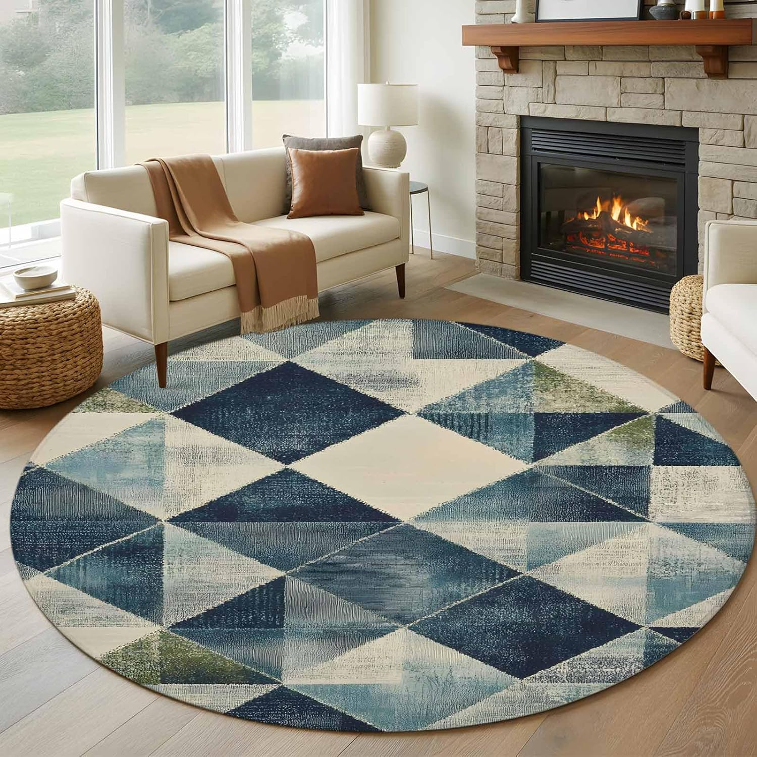 Round Rugs 5ft, Navy Blue Geometric Washable Rug for Living Room Low Pile Indoor Floor Carpet, Abstract Modern Green Artwork Non-Skid Bathroom Rug Kitchen Runner Rugs for Bedroom