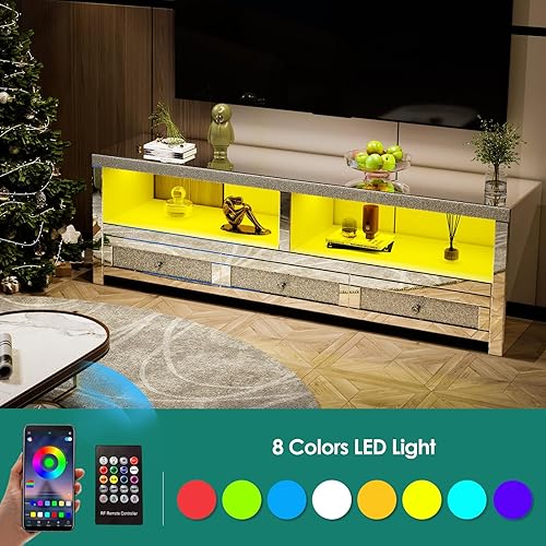 Miniatura 5 de COSVALVE Soporte de TV plateado con espejo para televisores de hasta 65 pulgadas, soporte de TV LED, centro de entretenimiento moderno con cajones y