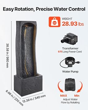 VEVOR Outdoor Water Fountain, 38.58 in Height Fountain and Waterfall, 1-Tier Floor Standing Rock Base Style Fountains with with LED Light and Pump, for Outdoor Indoor Garden, Home, Patio & Backyard